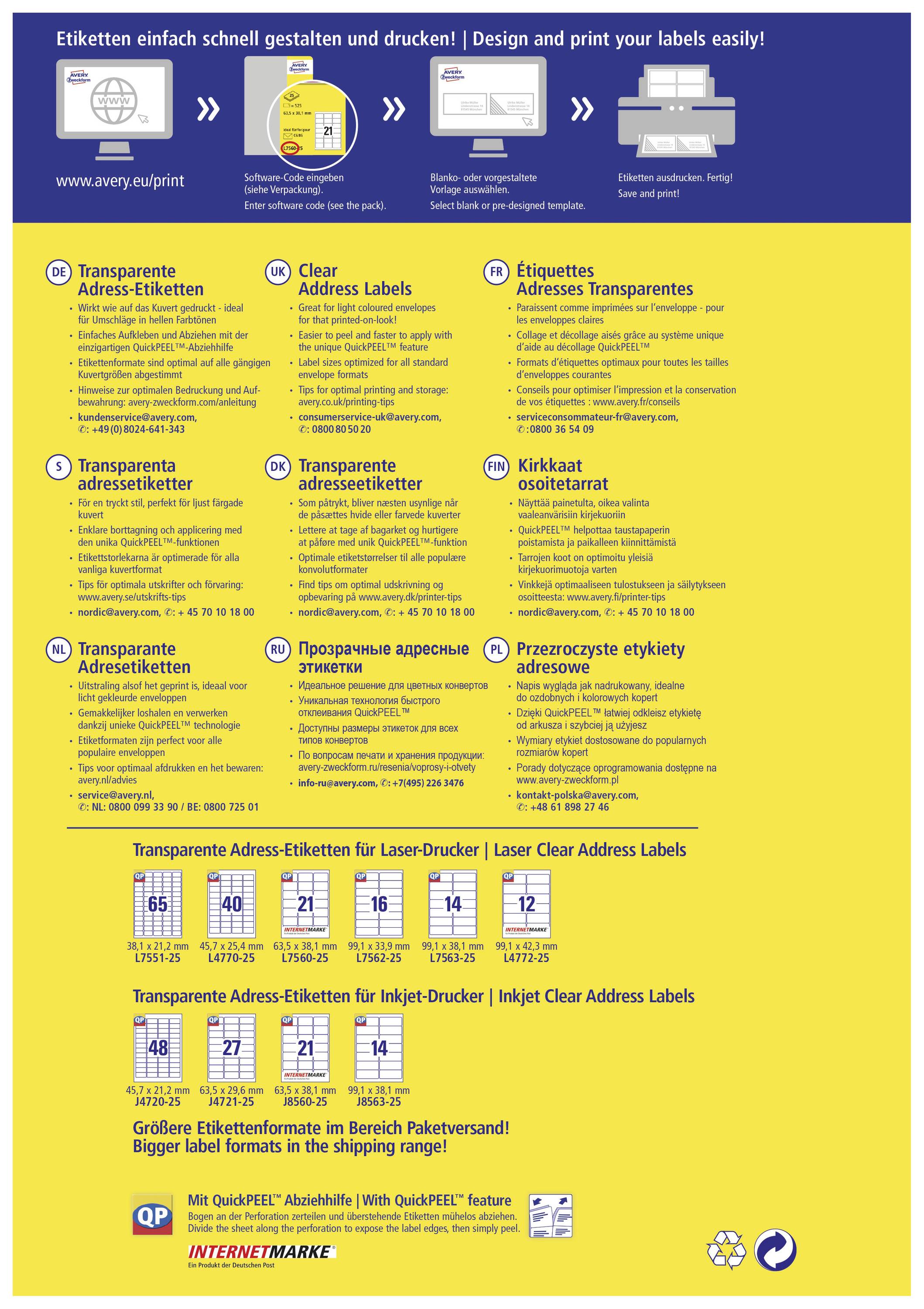 Avery-Zweckform L7560-25 Adress-Etiketten 63.5 x 38.1mm Polyester-Folie Transparent 525 St. Permanent haftend Tintenstrahldrucker