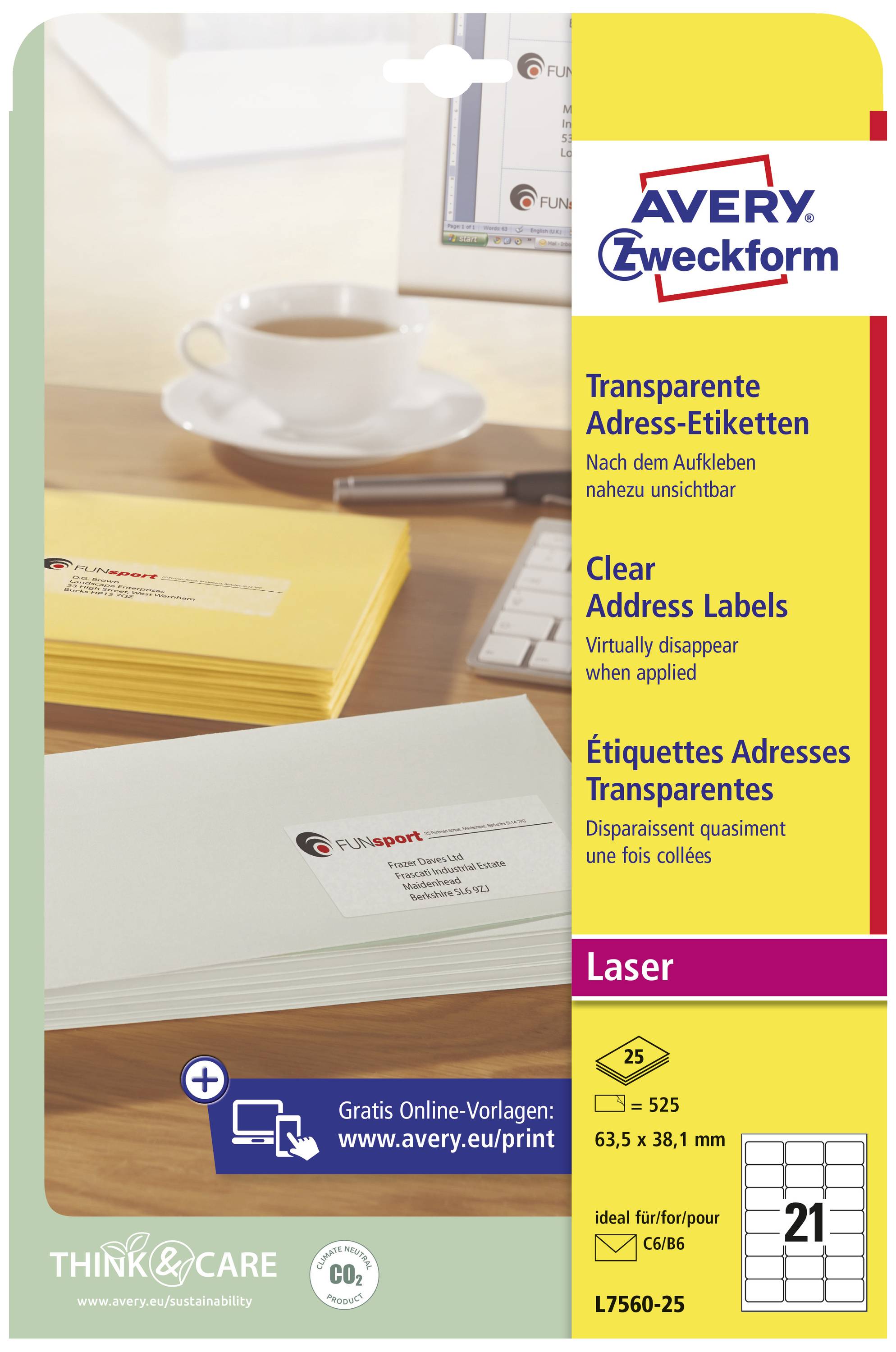 Avery-Zweckform L7560-25 Adress-Etiketten 63.5 x 38.1mm Polyester-Folie Transparent 525 St. Permanent haftend Tintenstrahldrucker
