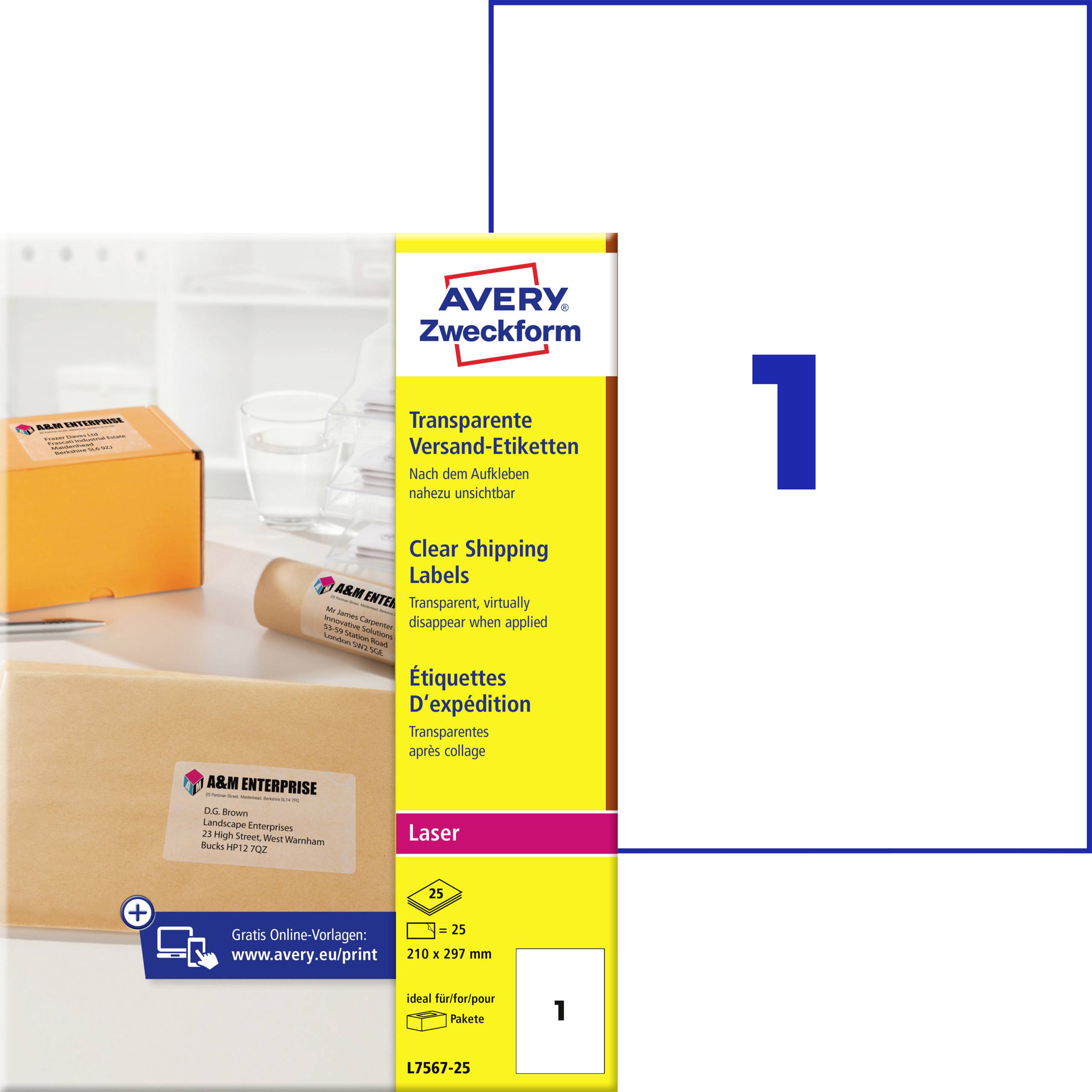 Avery Zweckform transparente Versandetiketten Verpackung, Größe 210 x 297 mm, laserdrucker-kompatibel, 25er Pack, neben einer großen blauen „1" abgebildet.