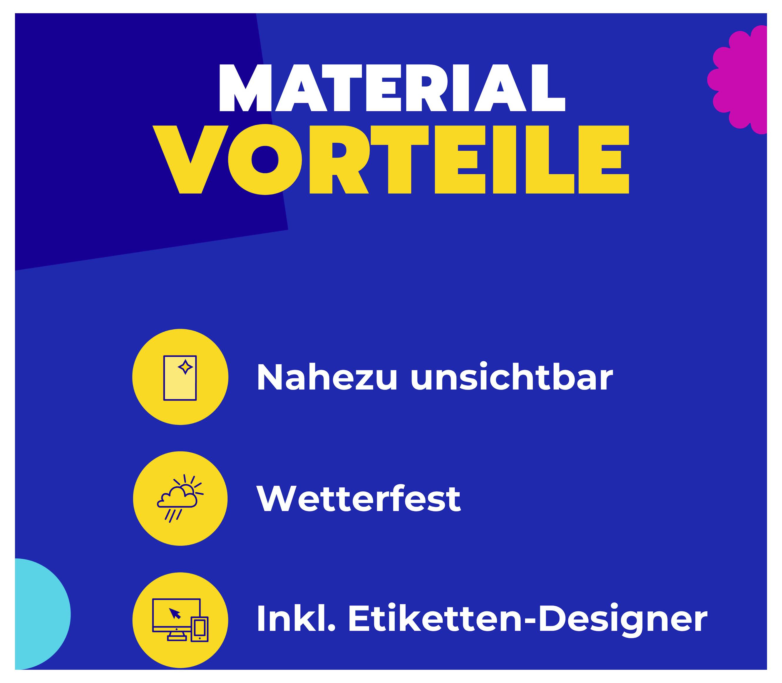 Infografik 'Material Vorteile' mit drei Punkten: Nahezu unsichtbar, wetterfest und inkl. Etiketten-Designer.