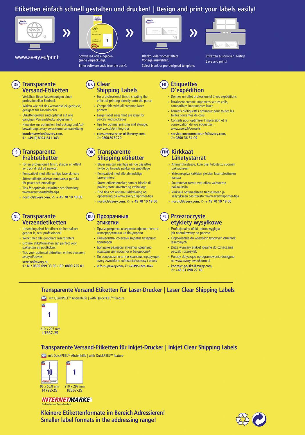 Avery-Zweckform L7567-25 Adress-Etiketten 210 x 297mm Polyester-Folie Transparent 25 St. Permanent haftend Laserdrucker