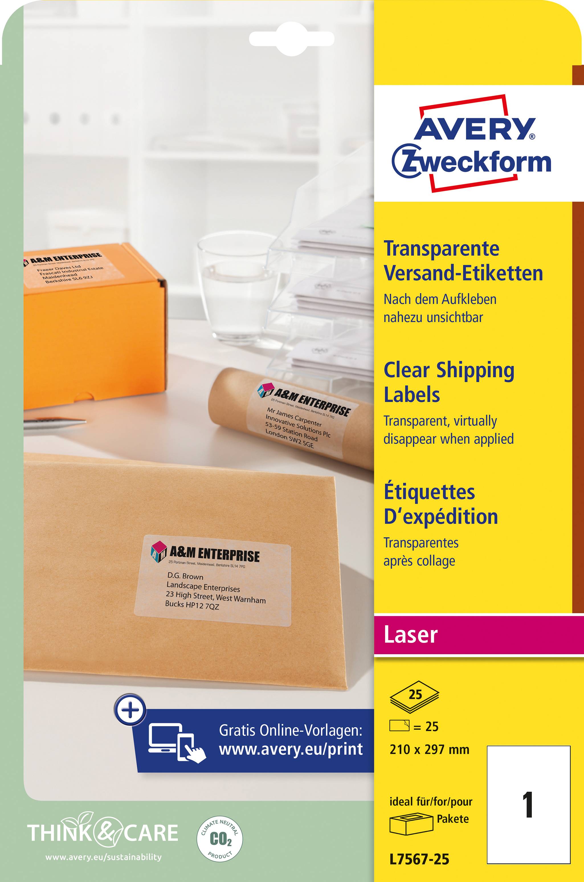 Avery-Zweckform L7567-25 Adress-Etiketten 210 x 297mm Polyester-Folie Transparent 25 St. Permanent haftend Laserdrucker