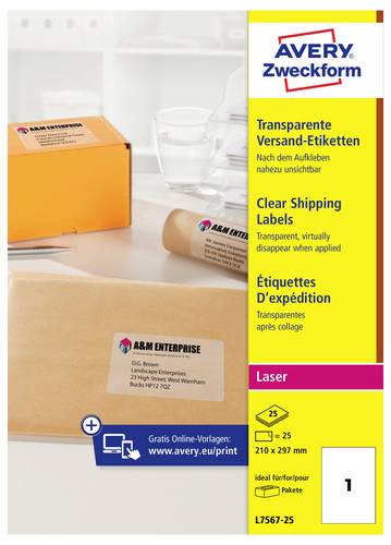 Avery-Zweckform L7567-25 Adress-Etiketten 210 x 297 mm Polyester-Folie Transparent 25 St. Permanent