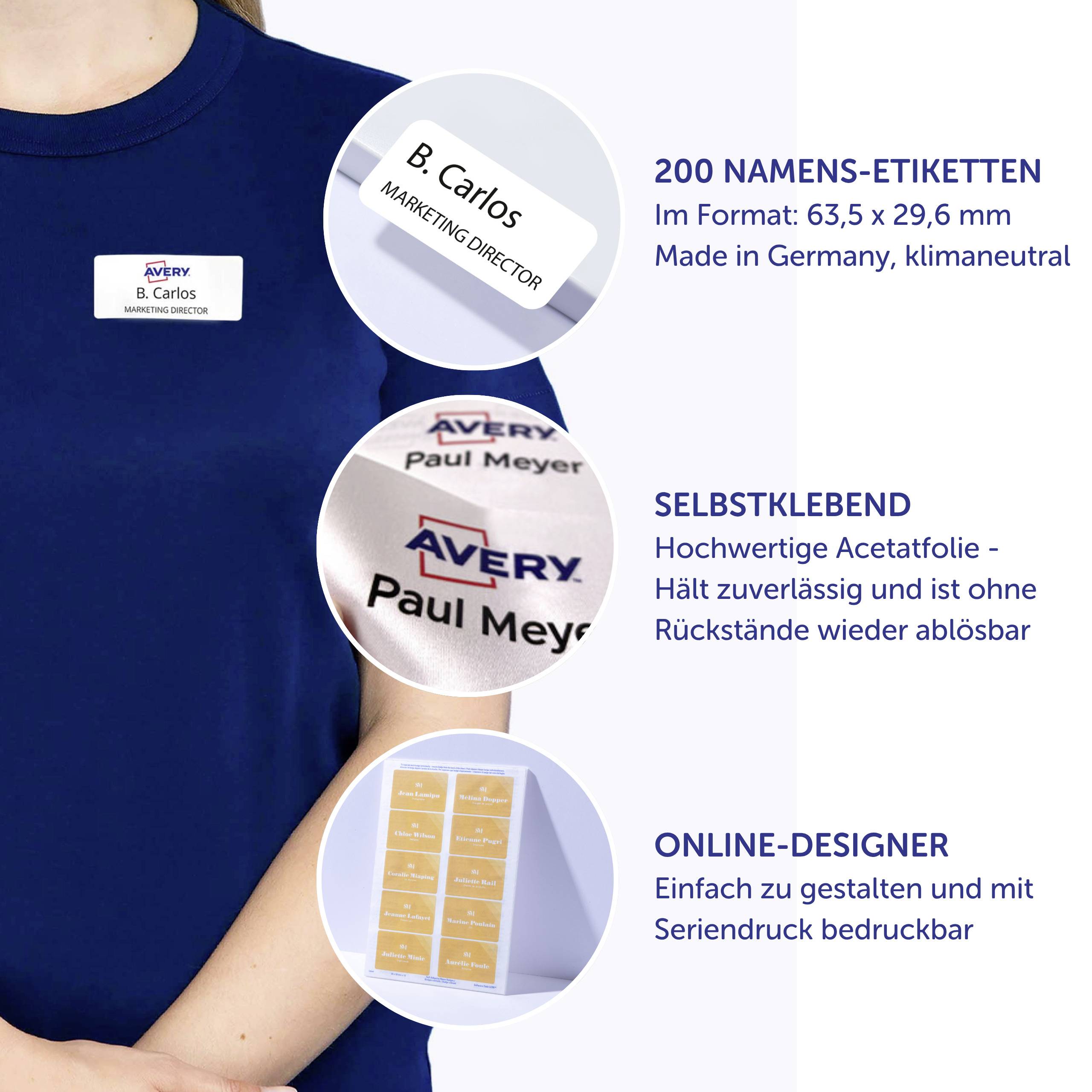 Ein Computerbildschirm zeigt: 'Ihr Design' und 'www.avery.eu-vorlagen'. Darunter steht 'Gratis Online-Vorlagen'. Eine Hand hält eine Maus.
