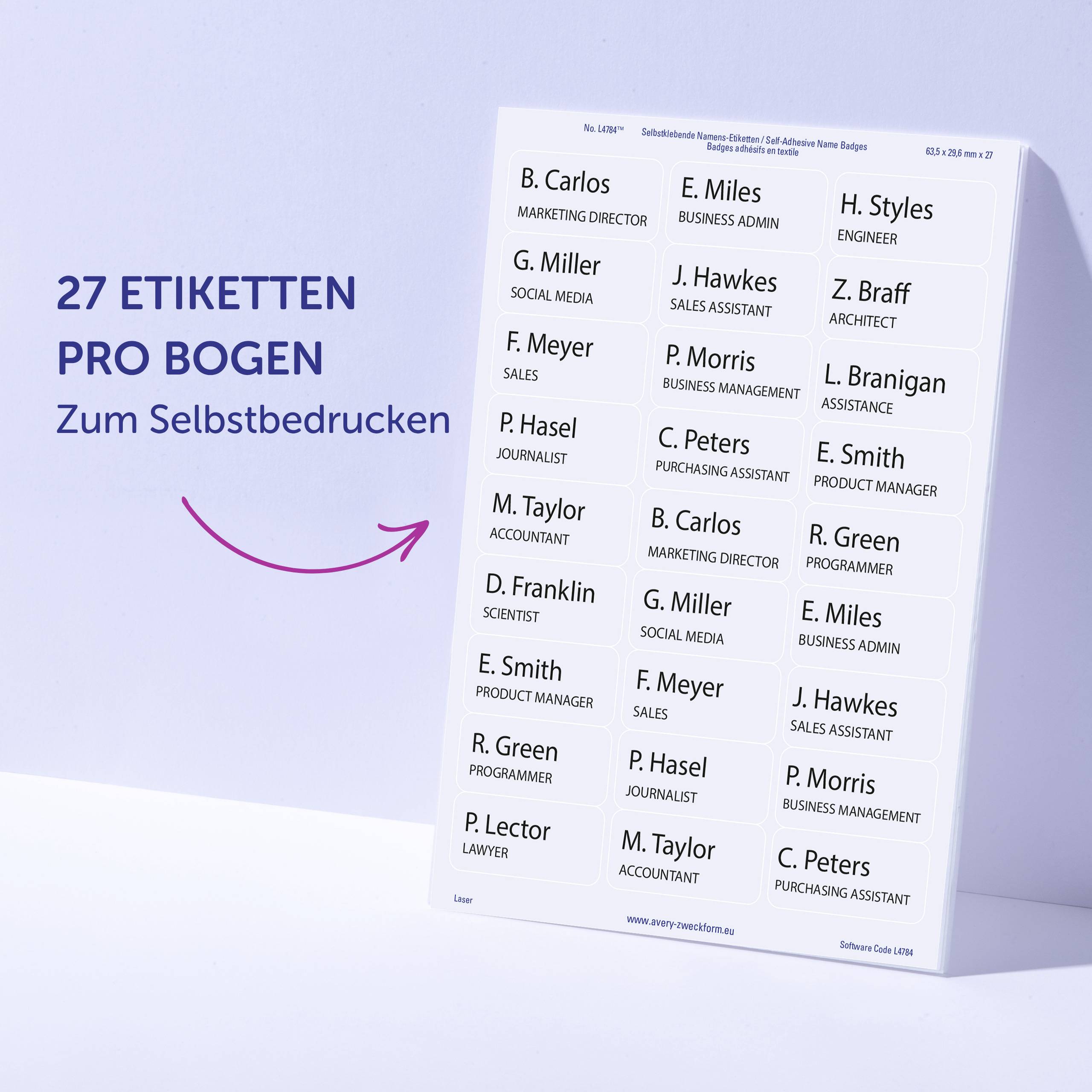 Avery-Zweckform L4784-20 Namens-Etiketten 63.5 x 29.6mm Acetatseide Weiß 540 St. Wiederablösbar Farblaserdrucker, Laserdrucker