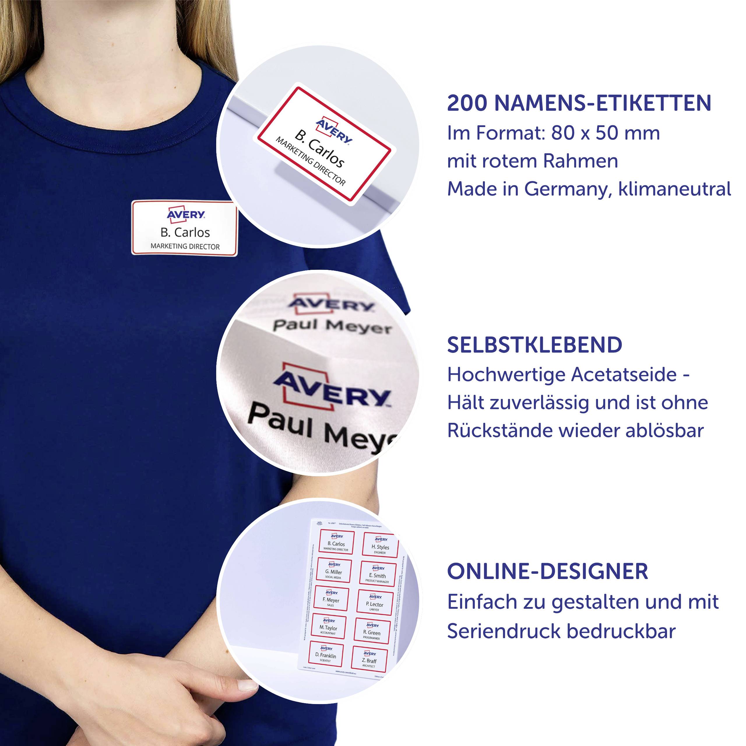 Ein Computerbildschirm zeigt 'Ihr Design' vor weißem Hintergrund, inklusive der Website 'www.avery.eu/print'. Text unten: 'Gratis Online-Vorlagen'.