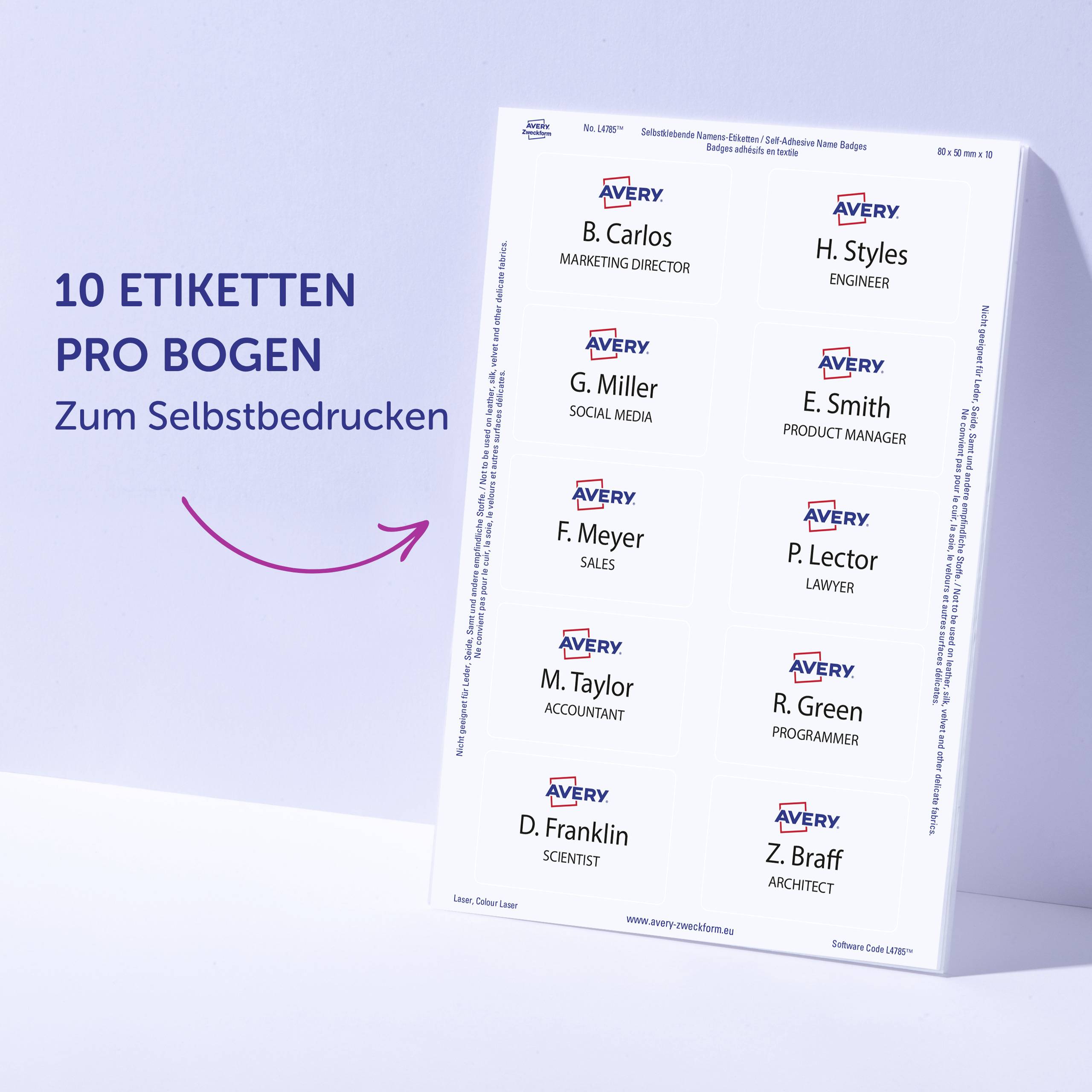 Avery-Zweckform L4785-20 Namens-Etiketten 80 x 50mm Acetatseide Weiß 200 St. Wiederablösbar Farblaserdrucker, Laserdrucker