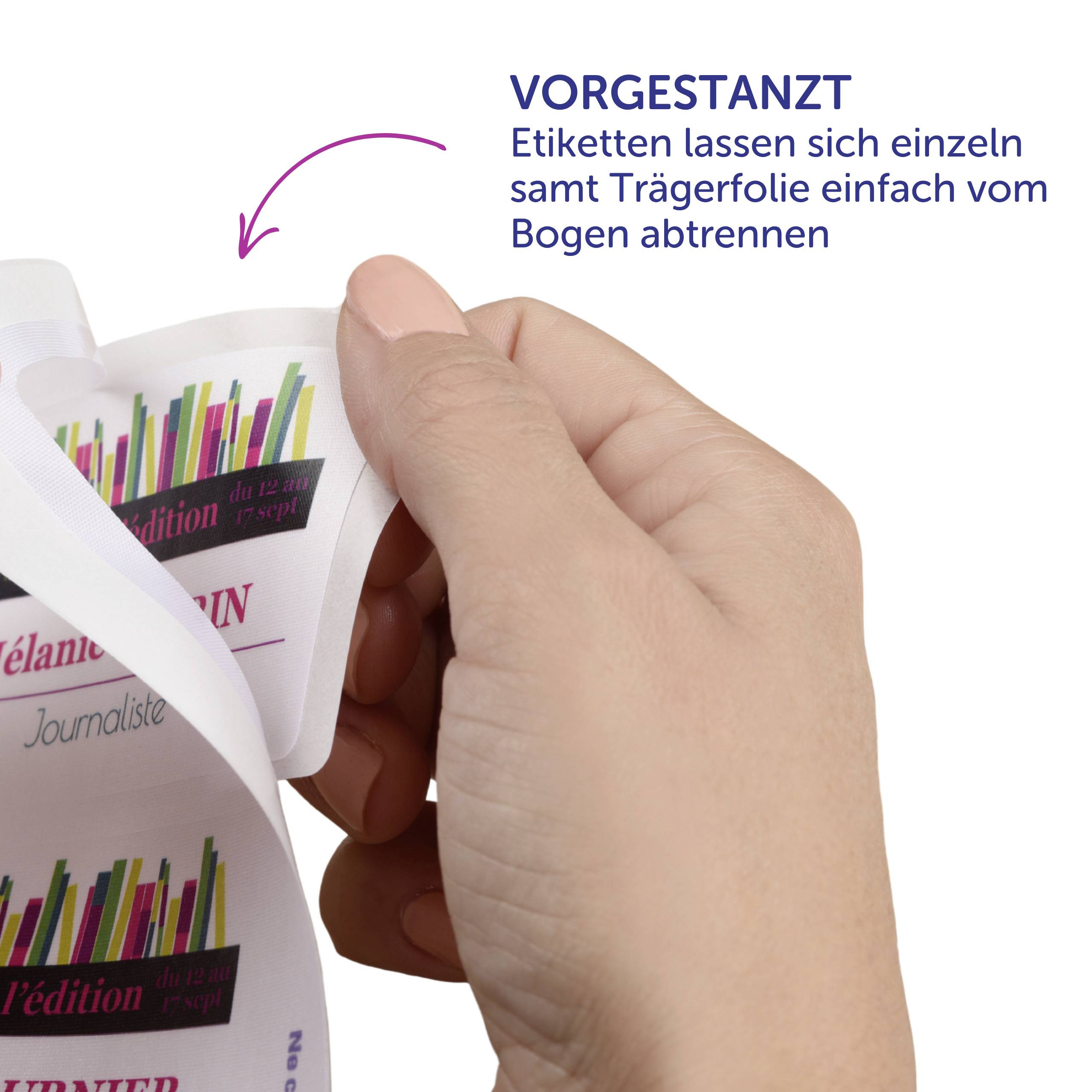 Ein rundes Symbol mit einem Pfeil und einem Blatt in der Mitte. Text: 'Rückstandsfrei ablösbar'.