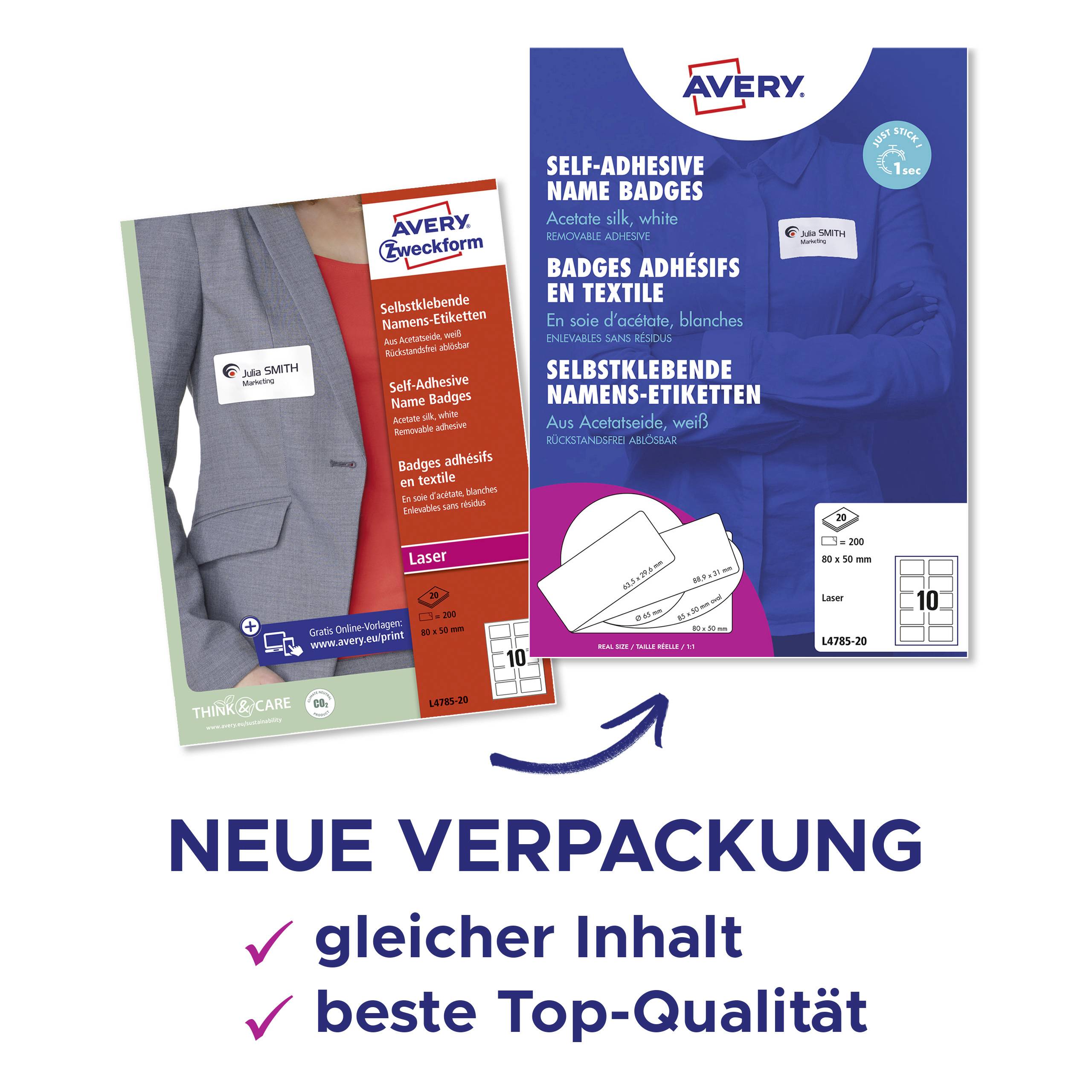 Avery-Zweckform L4785-20 Namens-Etiketten 80 x 50mm Acetatseide Weiß 200 St. Wiederablösbar Farblaserdrucker, Laserdrucker