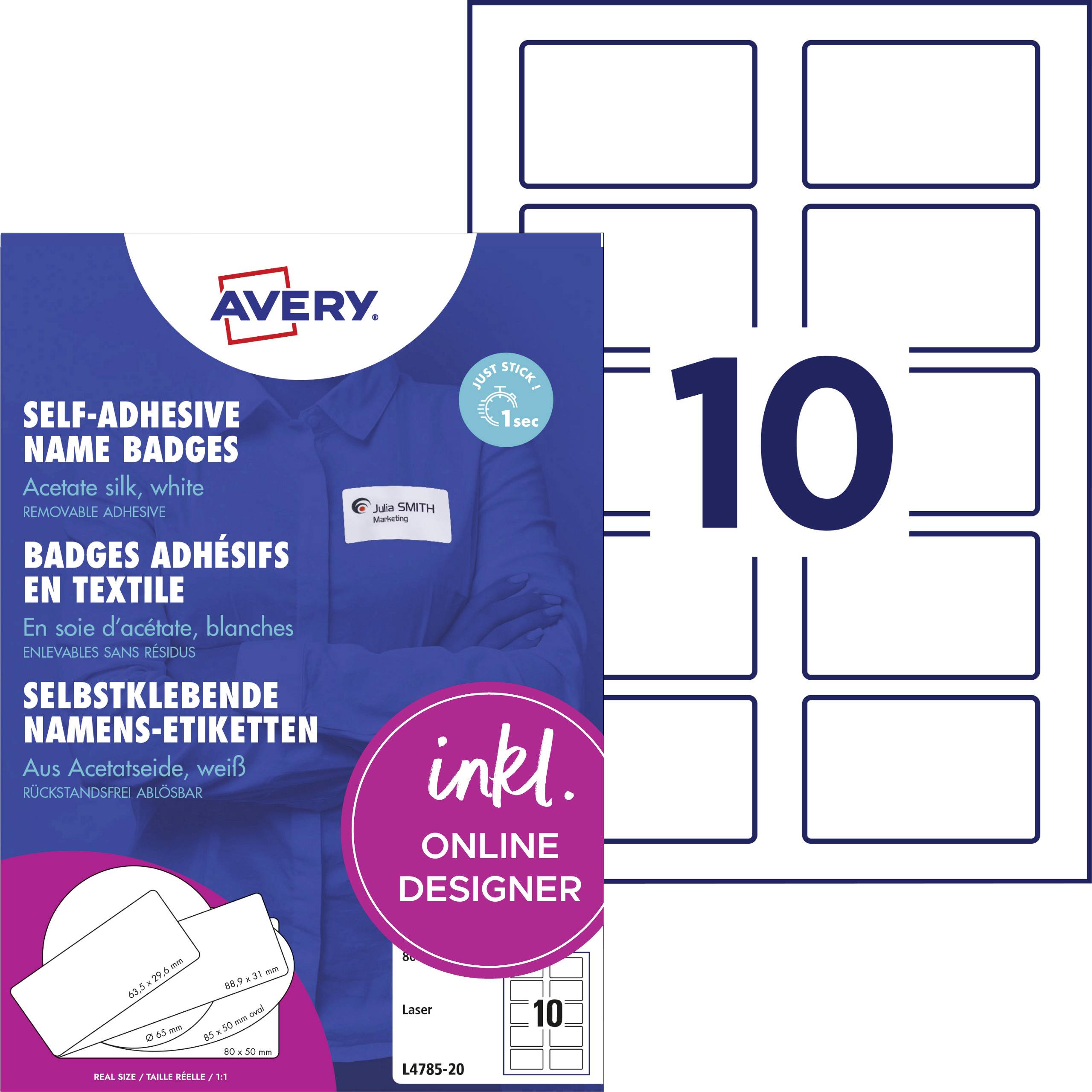 Eine Packung Avery selbstklebende Namensetiketten, 10 Etiketten pro Blatt, geeignet für Textilien, in der Farbe Acetatseide, weiß.