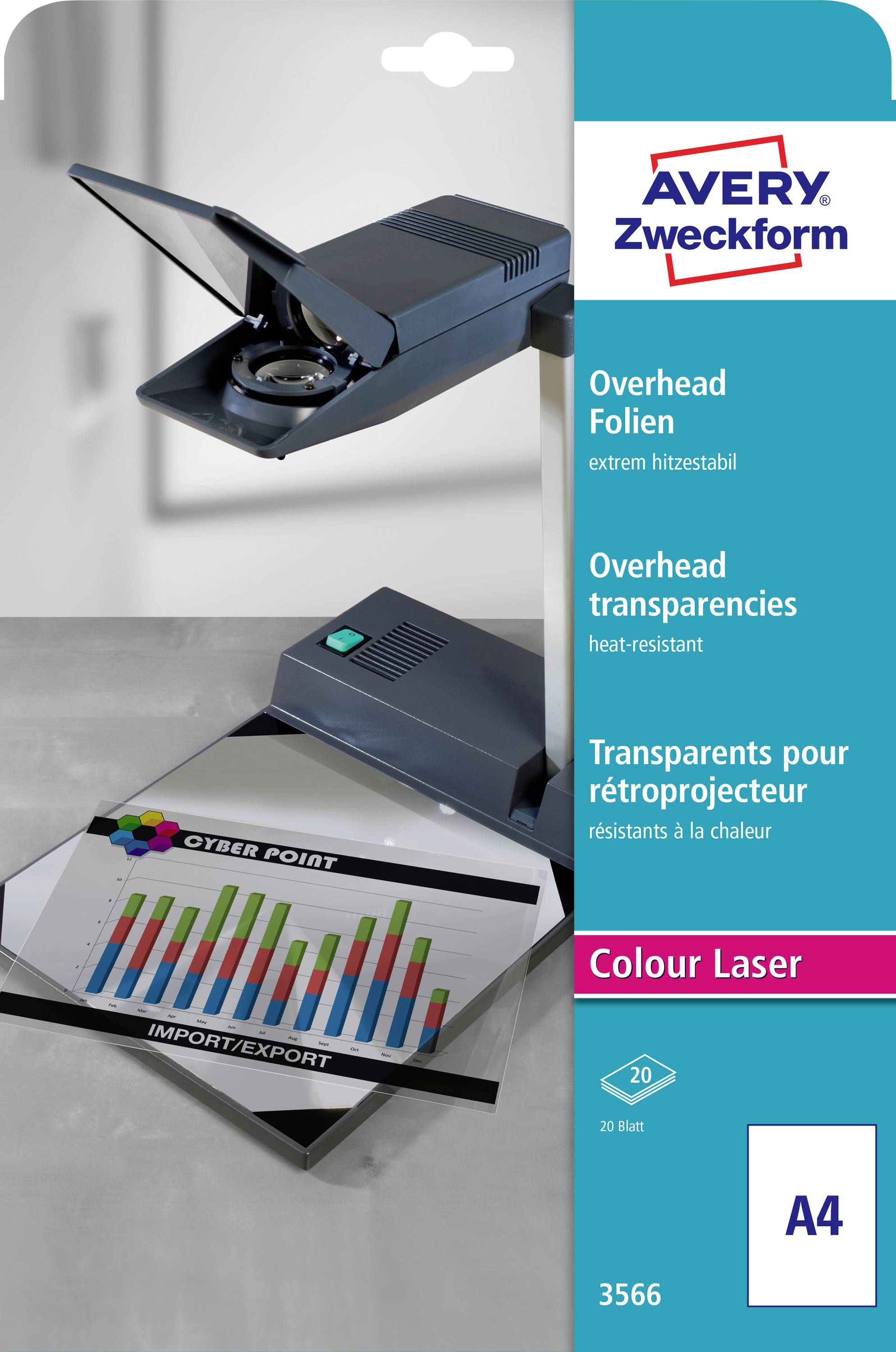 Avery Zweckform A4 Overhead-Folien Packung, mit Fotos von Folien, die in einem Overhead-Projektor verwendet werden, und einem farbigen Laserdruckausdruck.