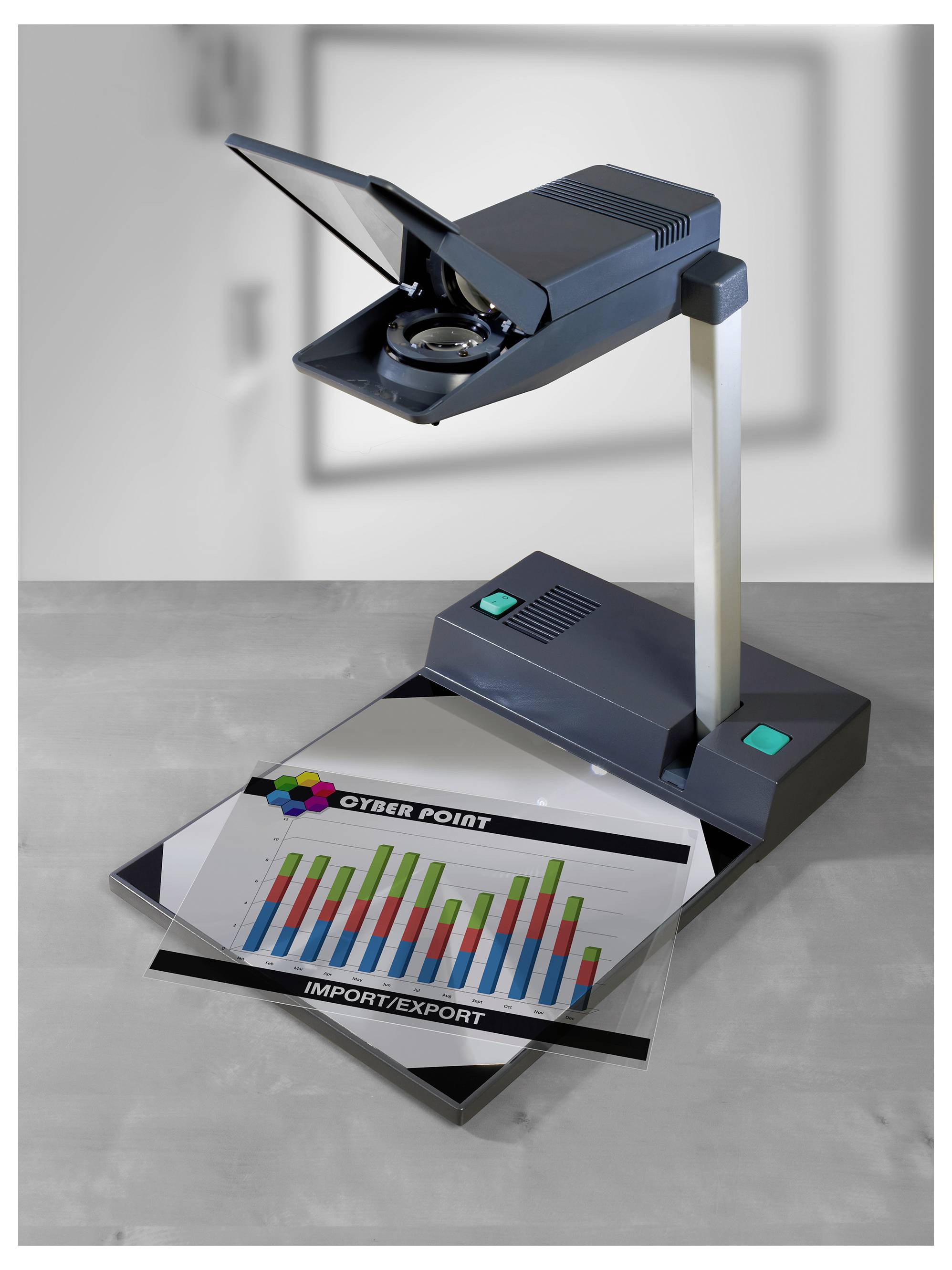 Dokumenten-Scanner über einer Grafik mit Balkendiagramm und den Worten 'CYBER POINT' sowie 'IMPORT/EXPORT' auf der Scanplatte.