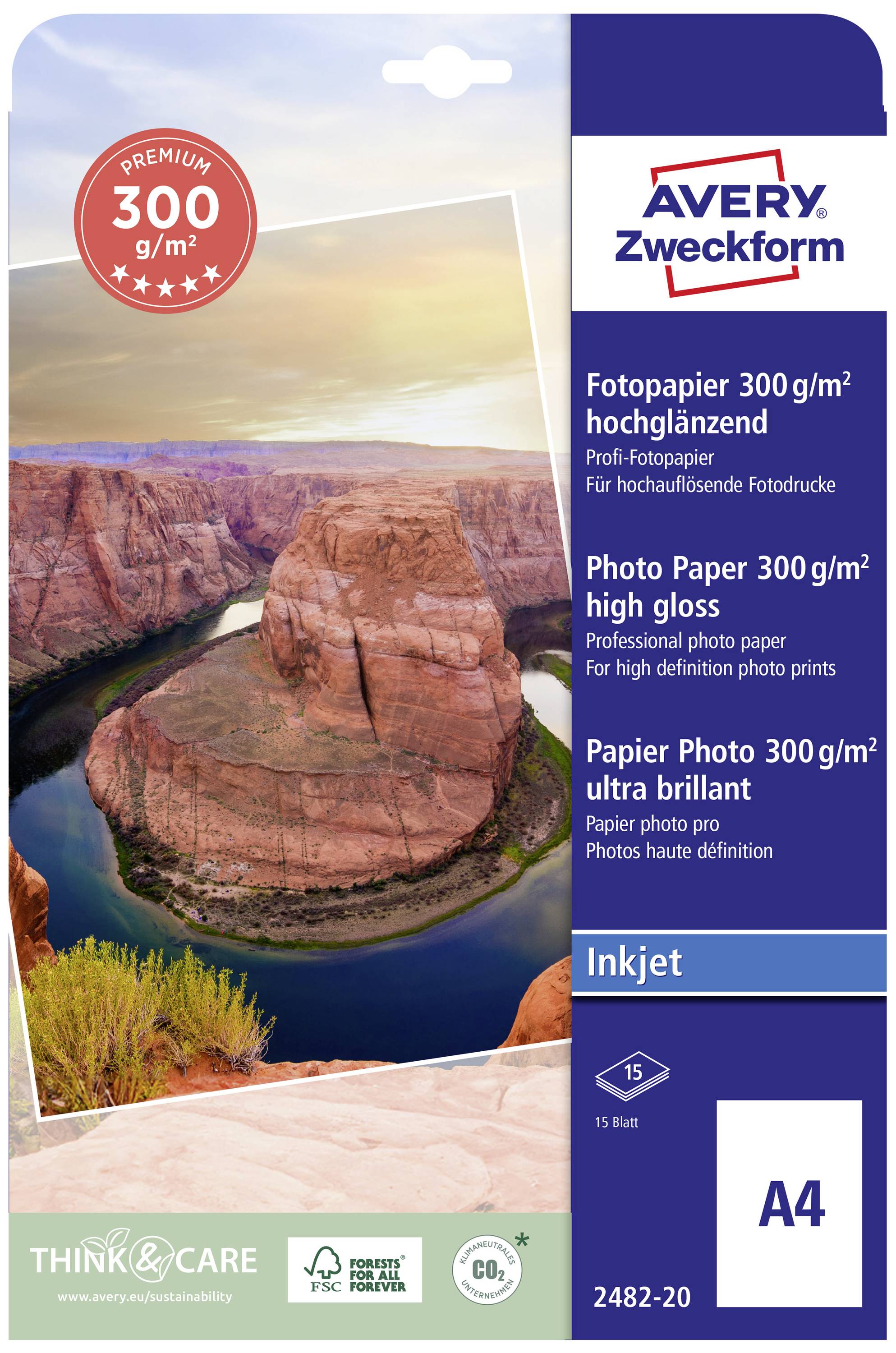 Avery-Zweckform Premium Inkjet Photo Paper high gloss 2482-20 Fotopapier DIN A4 300 g/m² 15 Blatt Hochglänzend