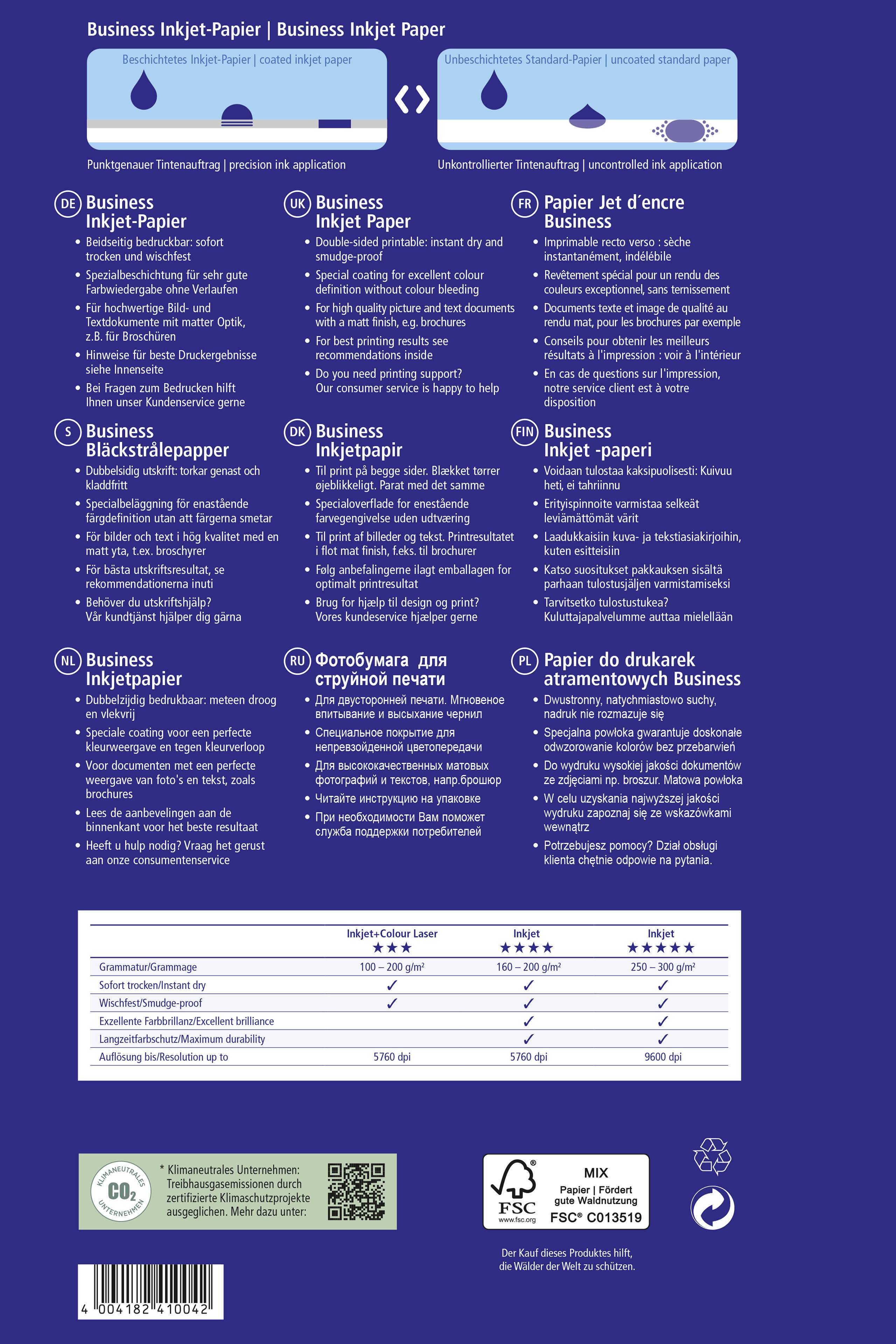 Verpackung von Business Inkjet-Papier mit Produktdetails in mehreren Sprachen, darunter Drucktechnologien und Umweltzeichen.