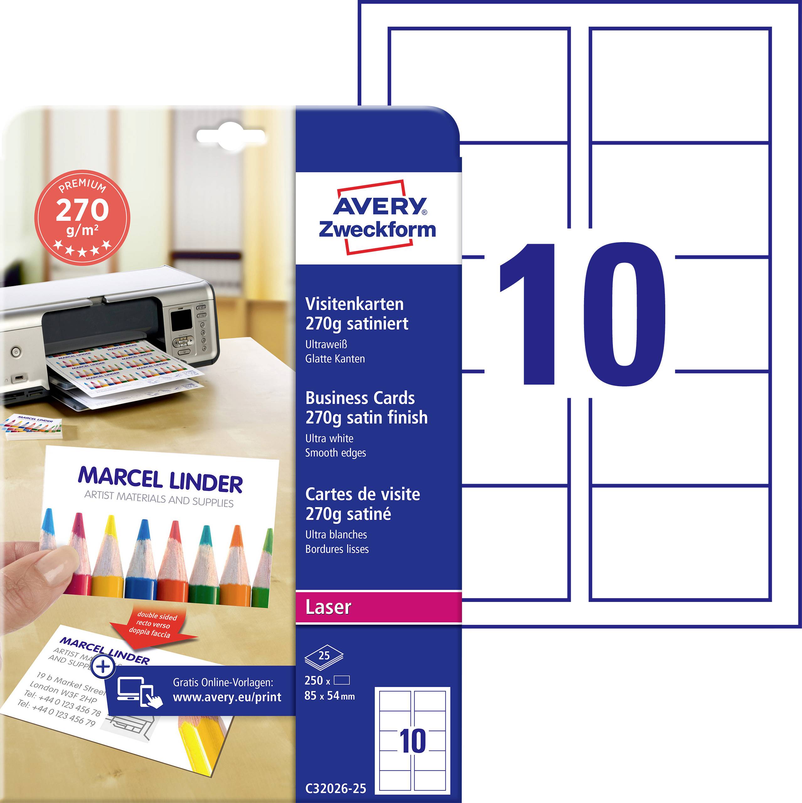Avery Zweckform Visitenkartenetiketten-Paket, 10 Etiketten pro Blatt, abgebildet mit einem Drucker und Mustervisitenkarten zum Laserdrucken.