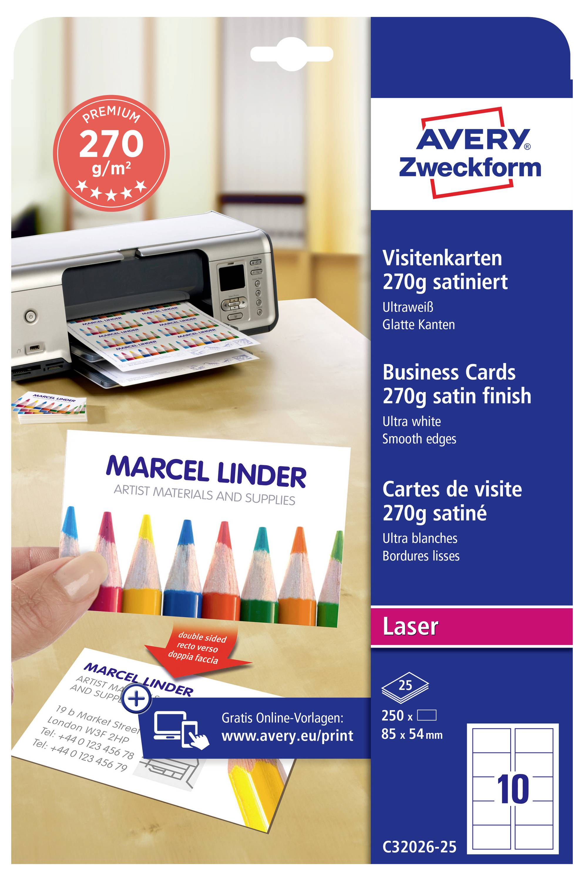 Avery Zweckform Premium-Visitenkarten 270 g/m² mit Satinfinish, 10er-Pack, gezeigt mit bedruckter Musterkarte und bunten Bleistiften.