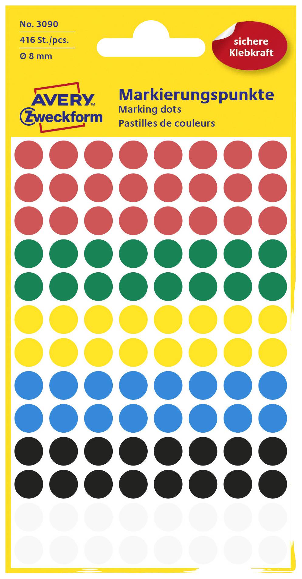 Avery-Zweckform 3090 Markierungspunkte Etiketten Ø 8mm Rot, Grün, Gelb, Blau, Schwarz, Weiß 416 St. Permanent haftend Papier