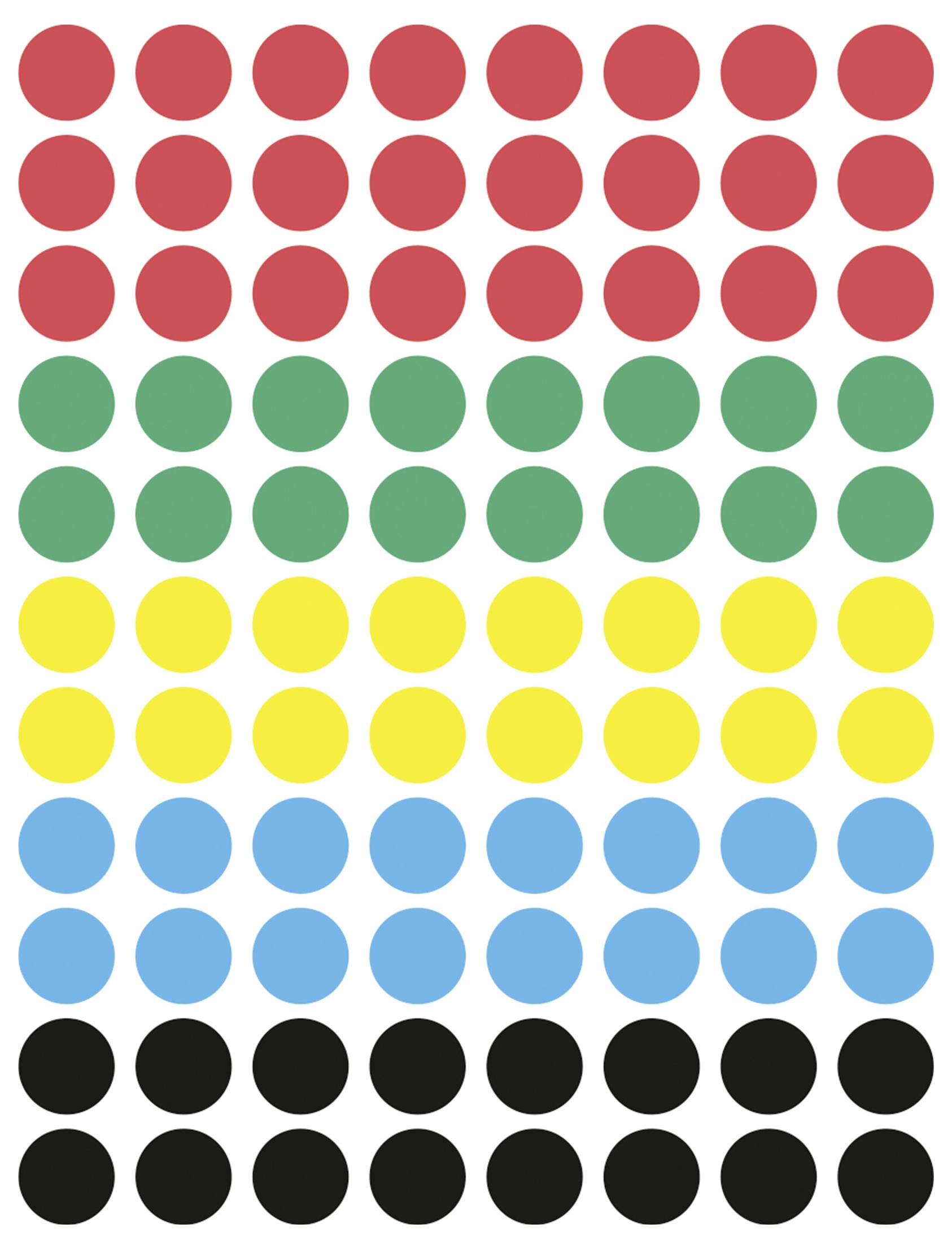 Ein Gitter aus farbigen Punkten, die in Reihen angeordnet sind: rote, grüne, gelbe, blaue und schwarze Bänder auf weißem Hintergrund.
