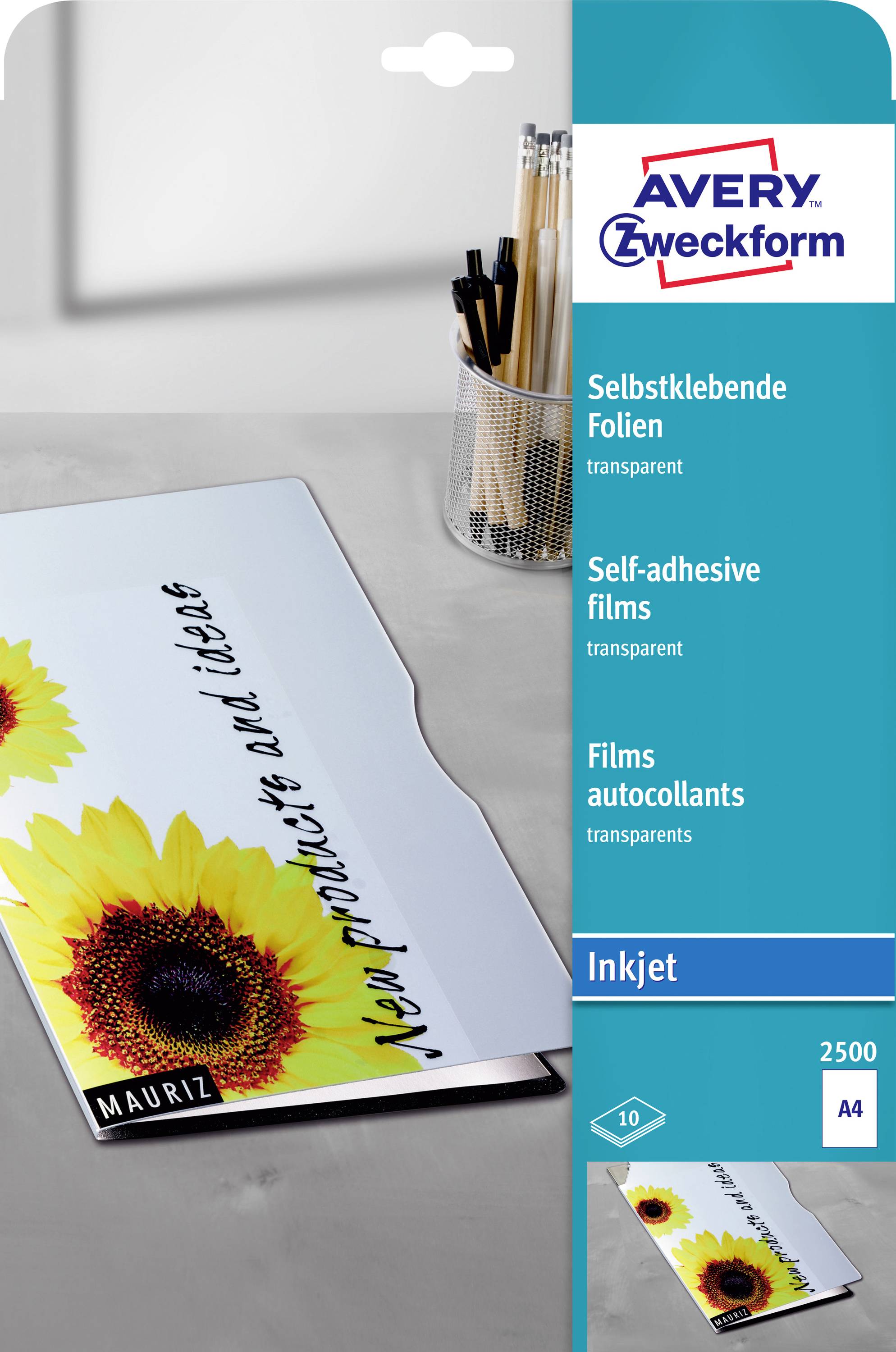 Avery Zweckform transparente selbstklebende Tintenstrahlfol­ie, Packung mit 10 A4-Blättern, gezeigt mit einem bedruckten Musterdesign einer Sonnenblume.
