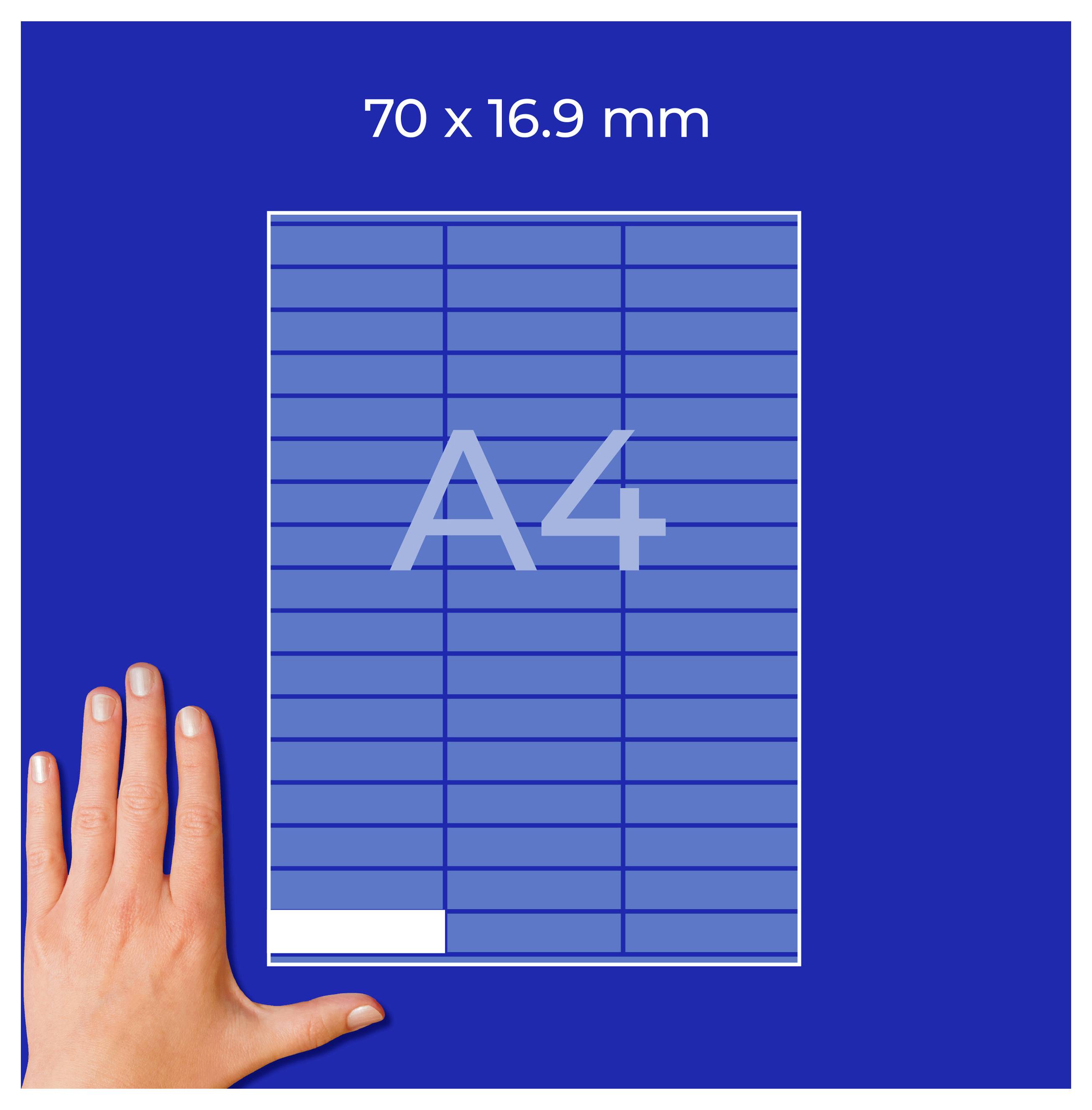 A4-Format mit den Maßen 70 × 16,9 mm, dargestellt als blaues Blatt mit Raster und Hand zum Größenvergleich.
