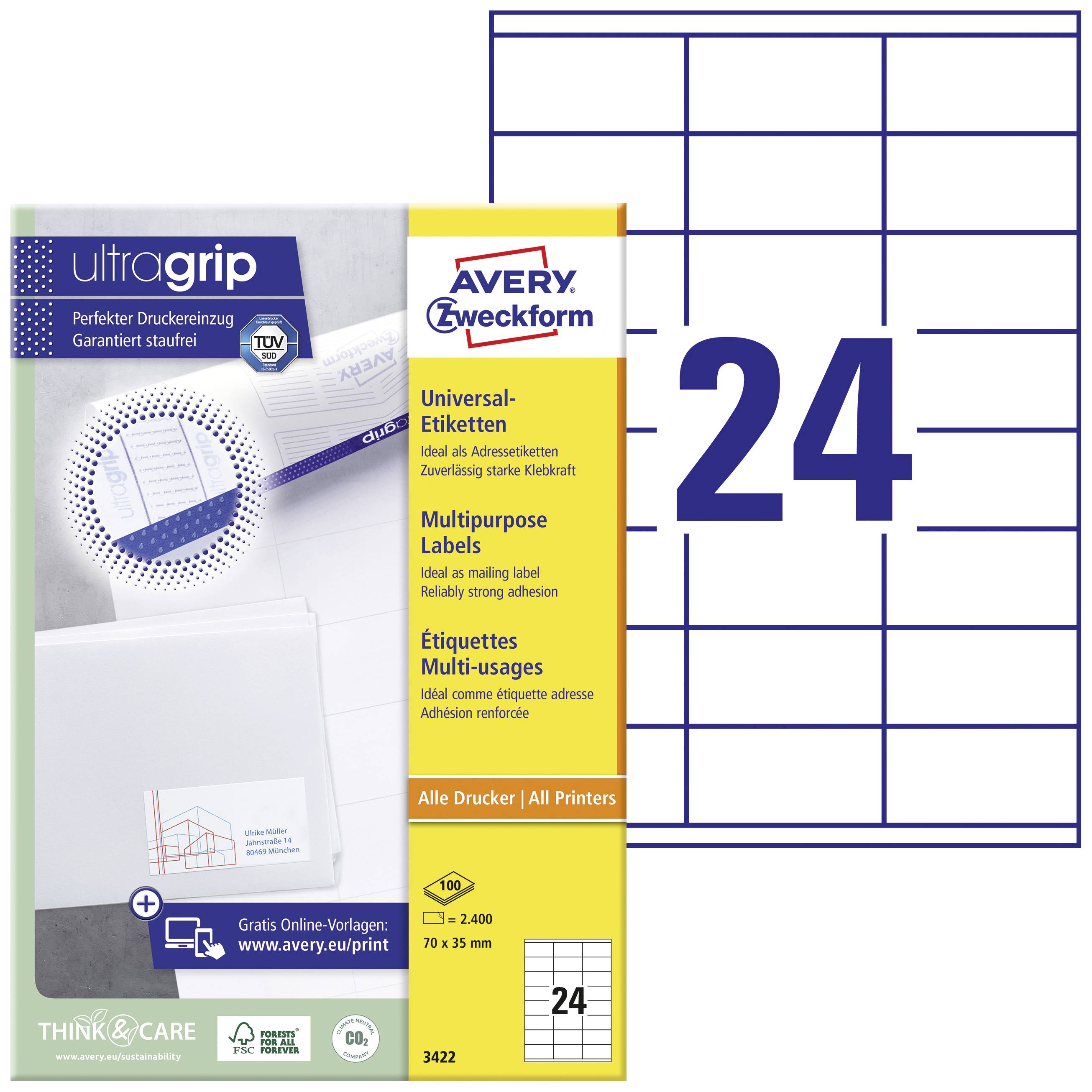 'Universal-Etiketten' von Avery Zweckform, geeignet für alle Drucker. Verpackung zeigt Etikettenanwendung und -layout, 24 Etiketten pro Blatt. Ideal für vielseitige Anwendungen.