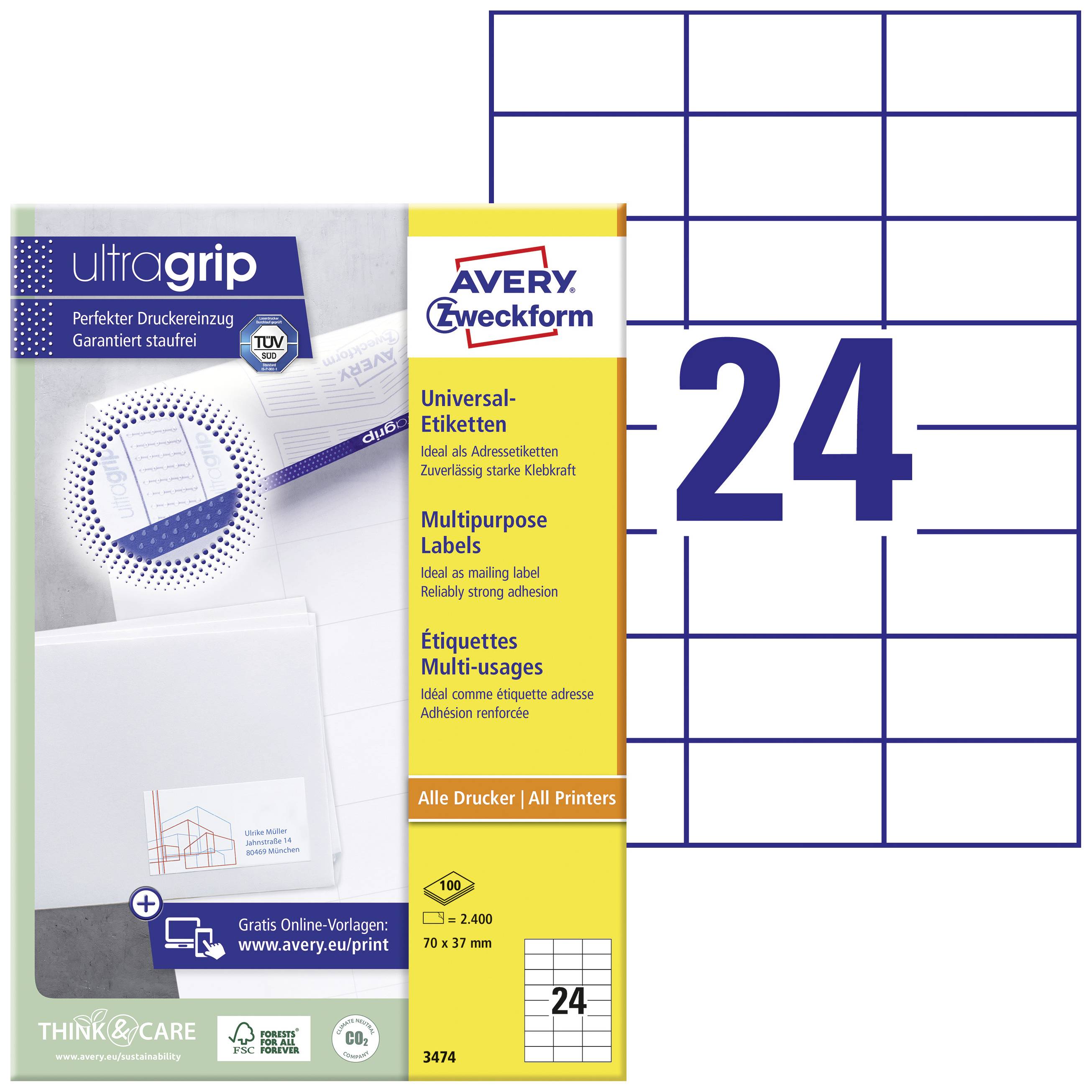 Etikettenverpackung von Avery Zweckform, UltraGrip-Technologie, 24 Etiketten pro Blatt, für alle Drucker geeignet.