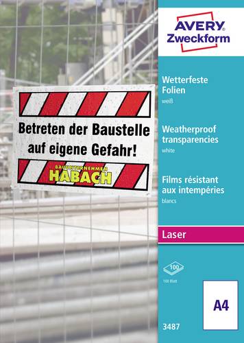 Avery-Zweckform 3487 Wetterfeste Folie DIN A4 Laserdrucker, Farblaserdrucker, Kopierer, Farbkopiere
