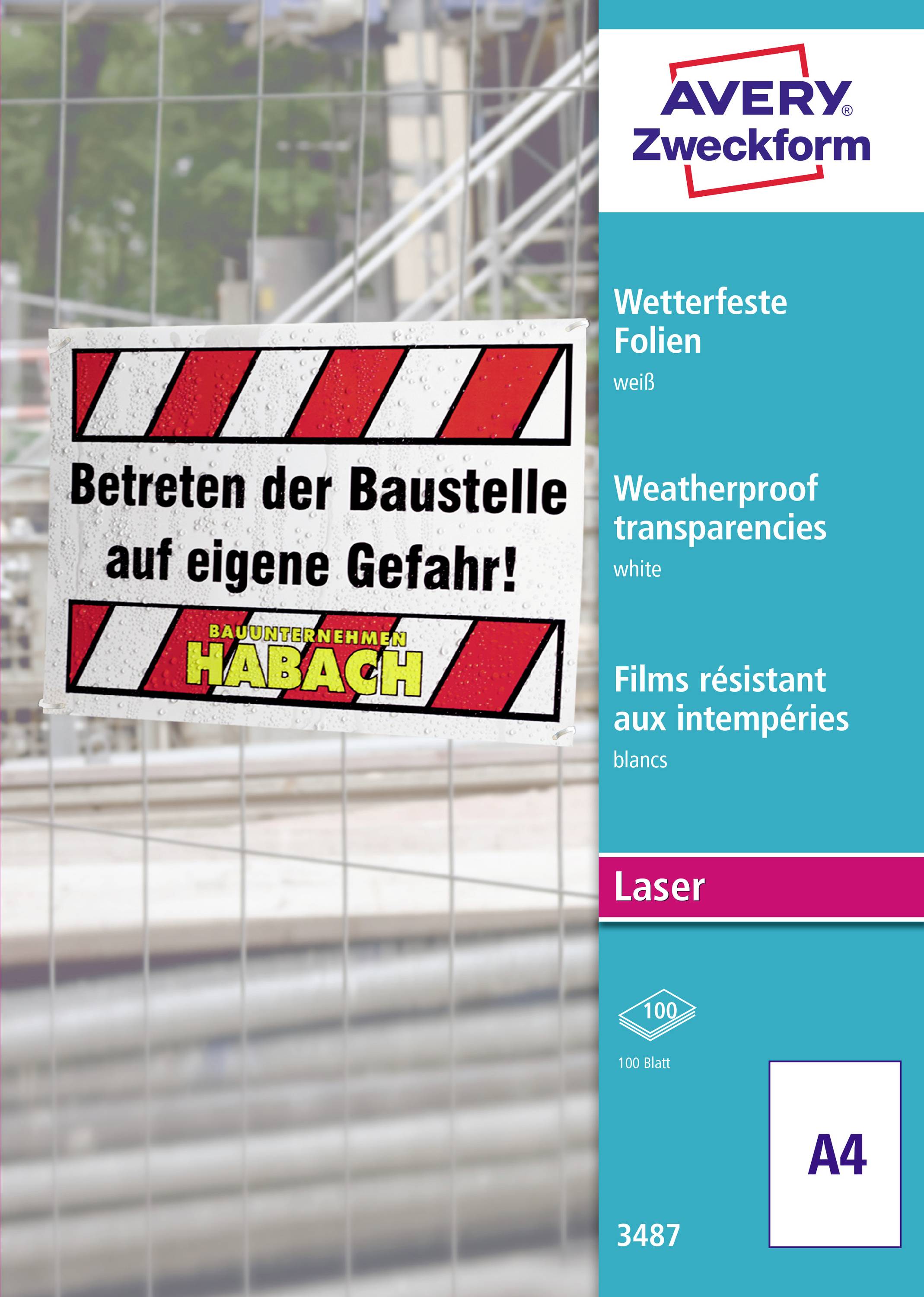 Avery Zweckform A4 wetterfeste weiße Laser-Folien für Baustellen-Warnschilder, dargestellt mit einem Beispielschild mit der Aufschrift „Betreten der Baustelle auf eigene Gefahr!