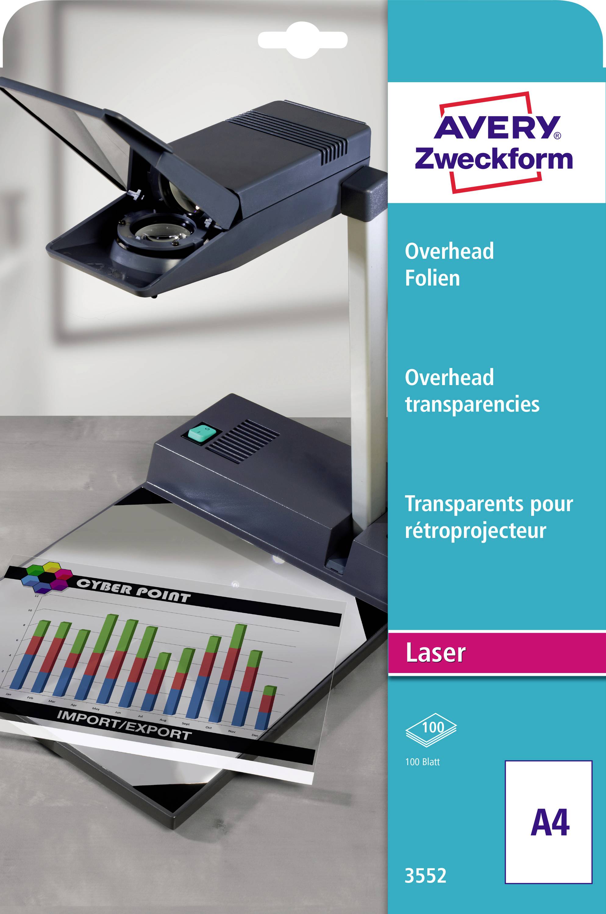 Avery Zweckform A4 Laser-Overheadfolien Packung mit einem Overheadprojektor, der ein Farbdiagrammblatt projiziert.