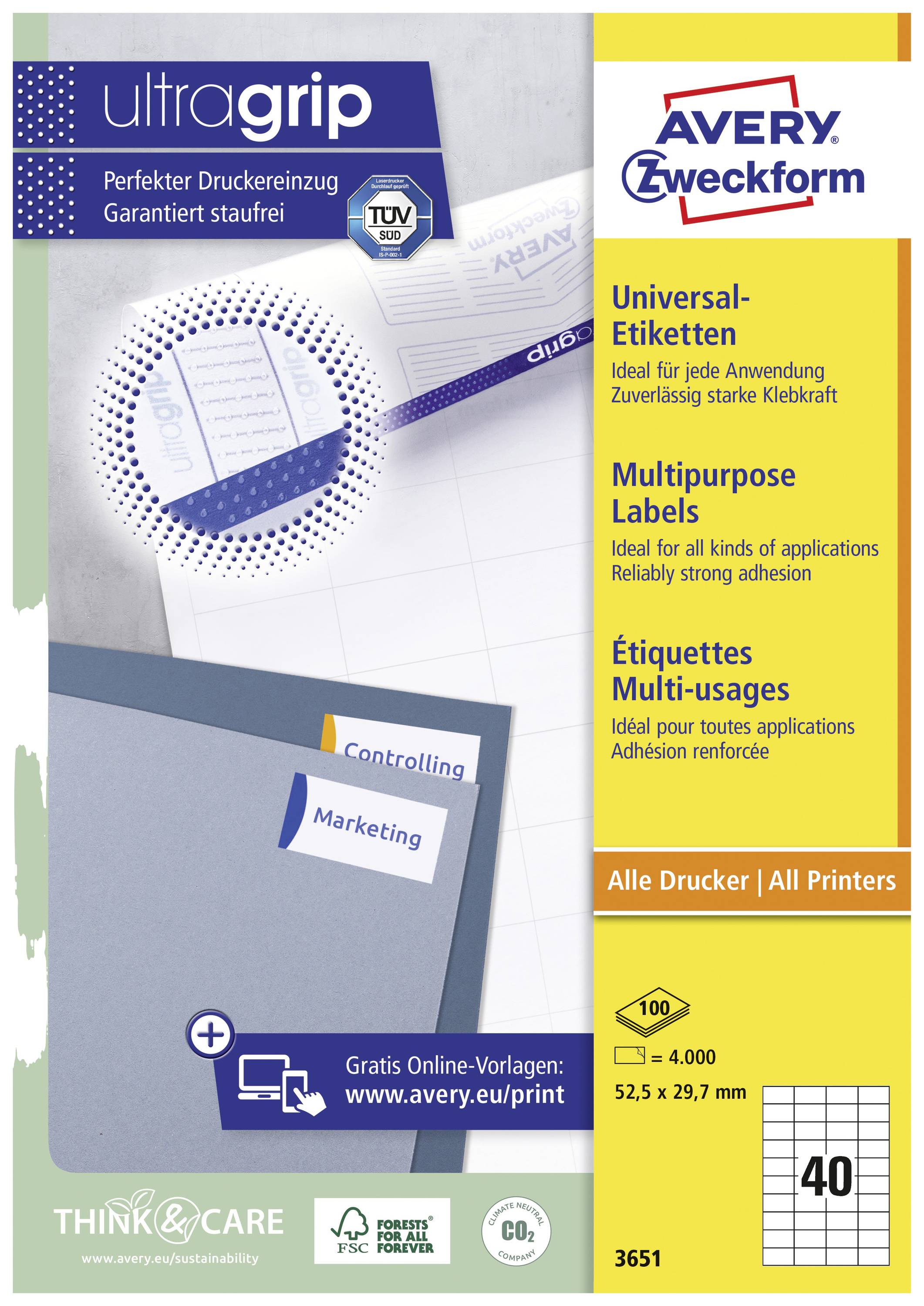 Universal-Etiketten von Avery Zweckform, geeignet für alle Drucker. Maße: 52,5 x 29,7 mm. Packung enthält 40 Etiketten, starker Kleber.