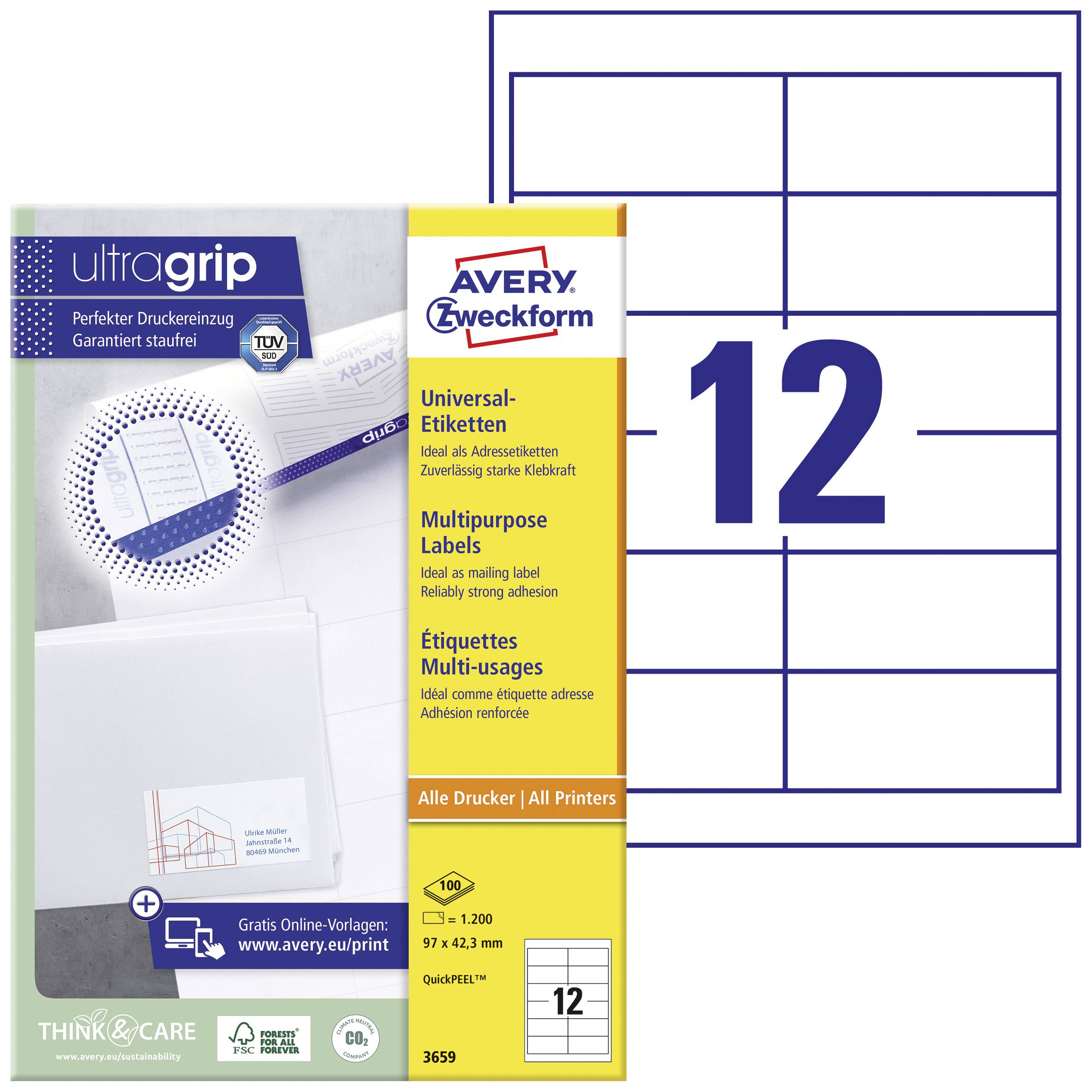 Avery-Zweckform 3659 Universal-Etiketten 97 x 42.3mm Papier Weiß 1200 St. Permanent haftend Tintenstrahldrucker, Laserdrucker