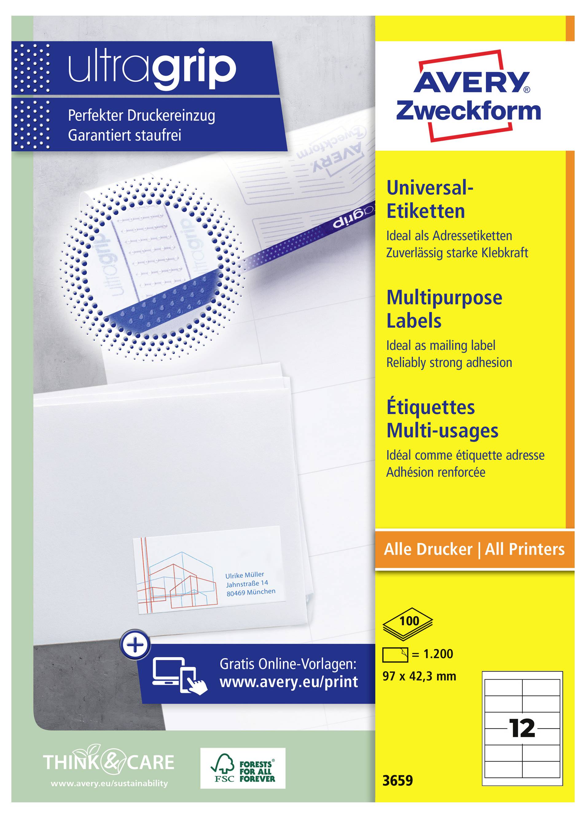 Avery Zweckform Ultragrip universelle Etiketten Packung mit vielseitigen Etiketten für alle Drucker, Größe 97 x 42,3 mm, mit Informationen zu Klebstoffstärke und Vorlagen-Download.