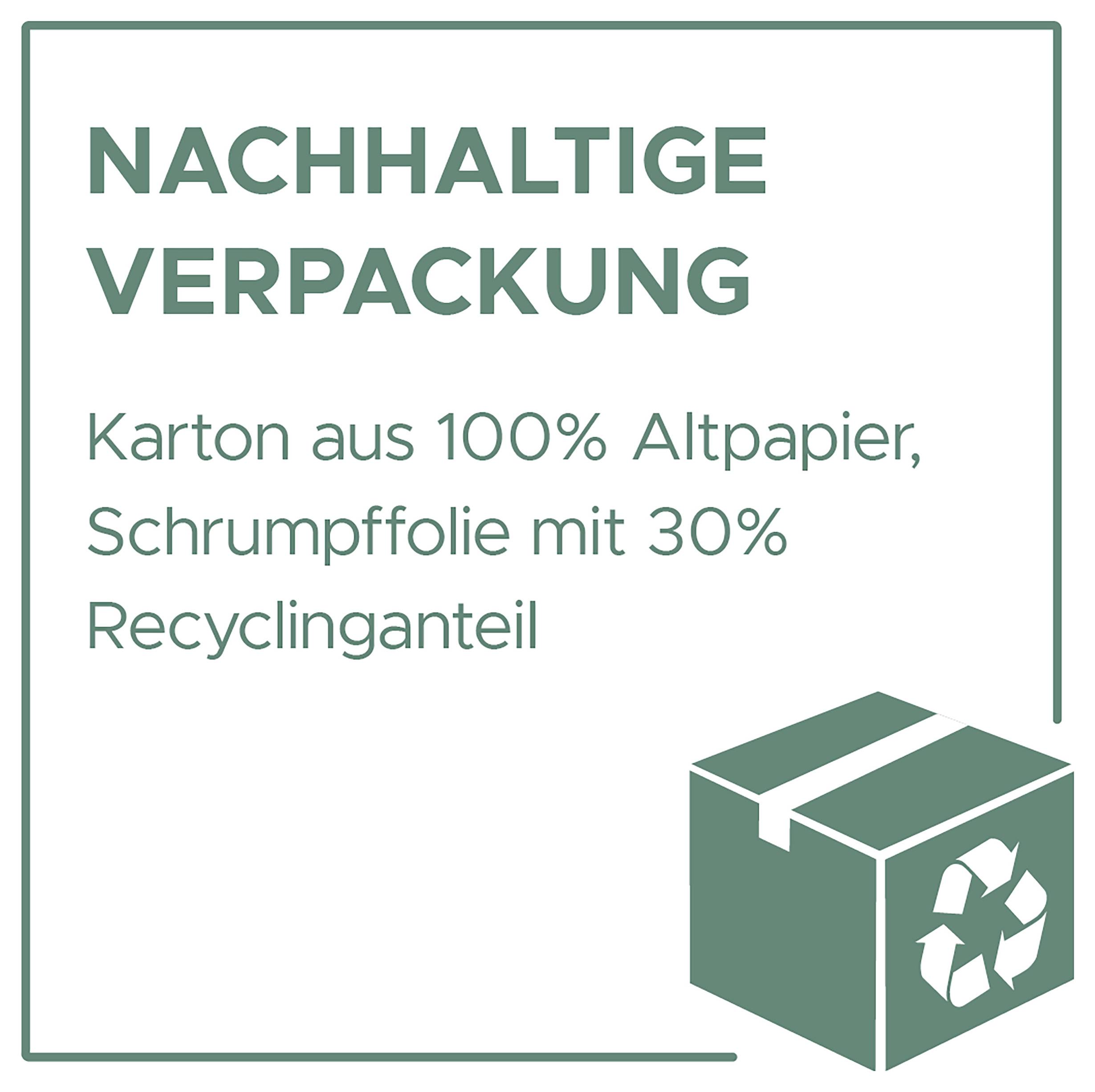 Hinweis auf nachhaltige Verpackung: Karton aus 100% Altpapier, Schrumpffolie mit 30% Recyclinganteil; Symbol mit Recycling-Box.