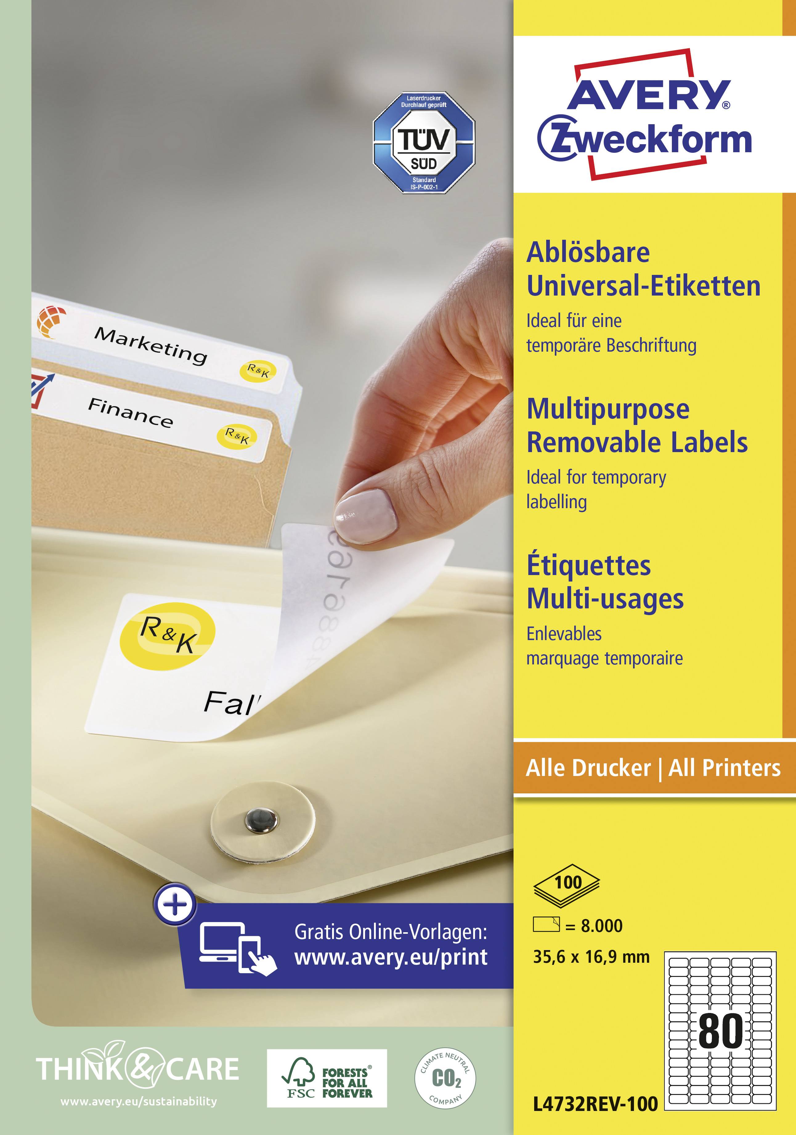 Verpackung von Avery Zweckform ablösbaren Universal-Etiketten. Enthält 80 Etiketten, 35,6 x 16,9 mm. Für alle Drucker geeignet.