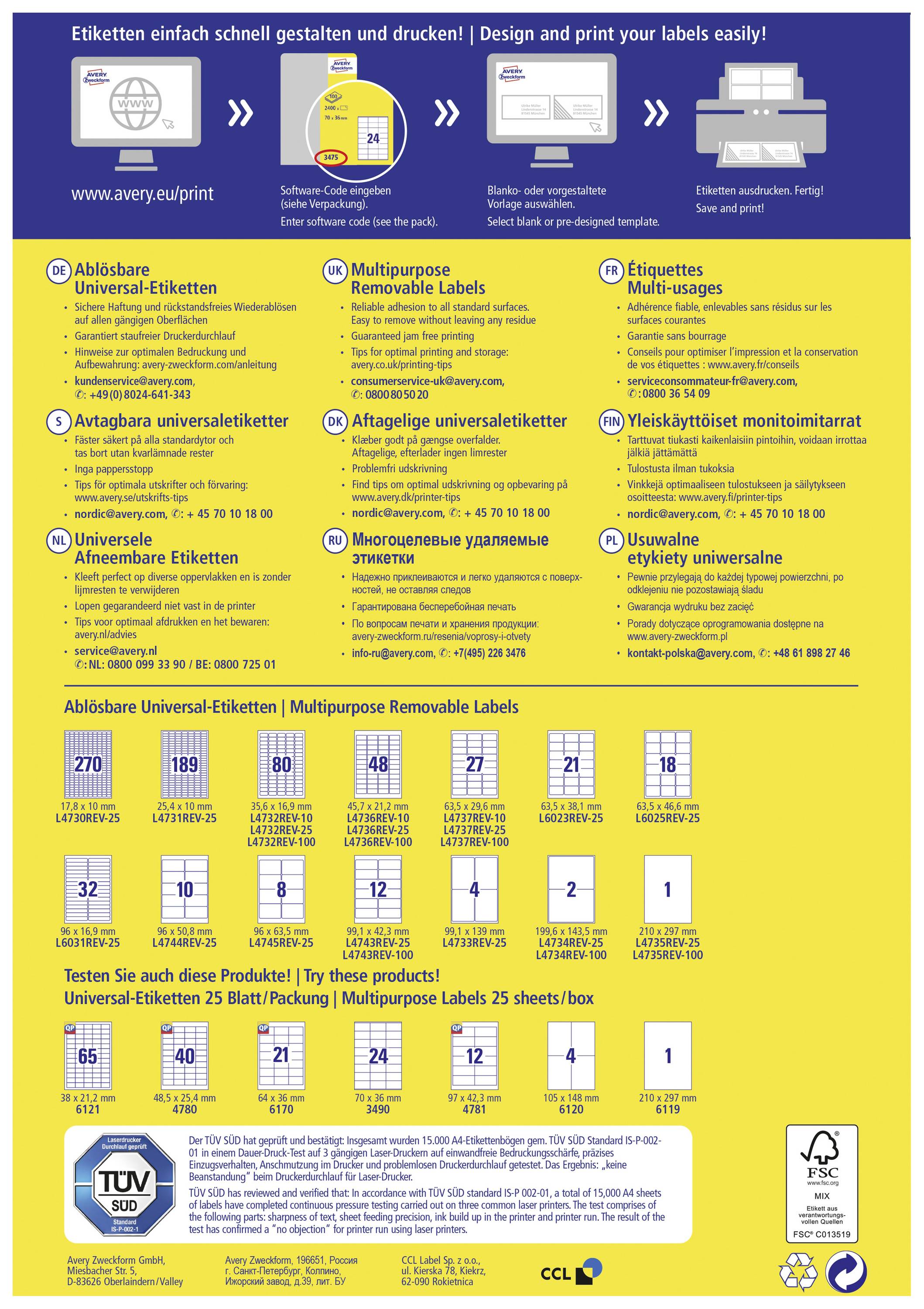 Etiketteninformation und Anleitungen zum Ausdrucken von Universal- und Mehrzwecketiketten. Enthält Produktspezifikationen und Anwendungsbeispiele.