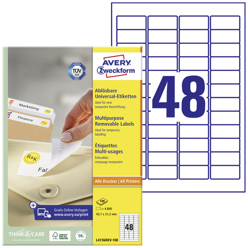 Avery-Zweckform L4736REV-100 Etiketten 45.7 x 21.2mm Papier Weiß 4800 St. Wiederablösbar Universal-Etiketten Tinte, Laser, Kopie