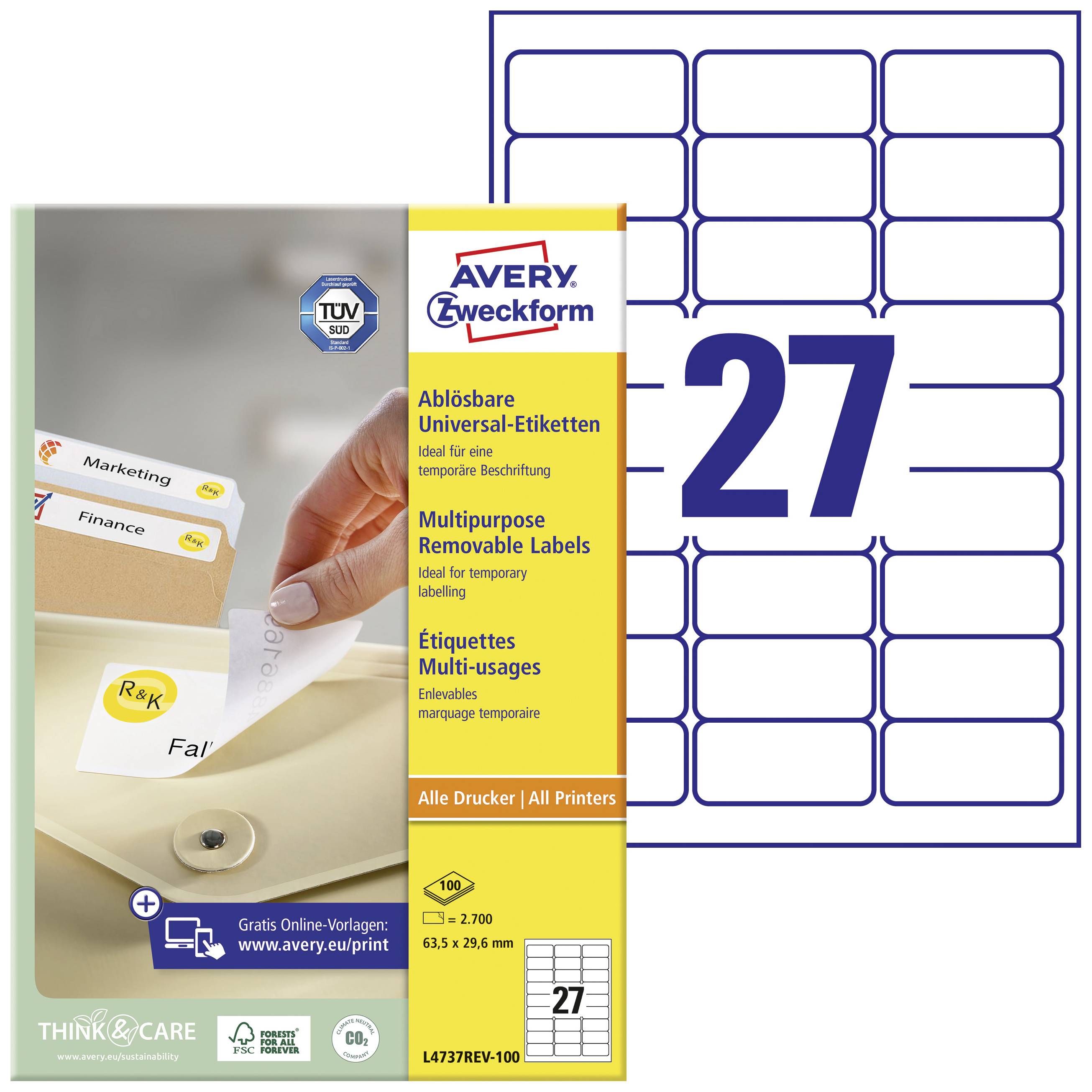 Avery Zweckform ablösbare Universal-Etiketten, gelbes Verpackungsdesign mit 27 Etiketten pro Blatt, geeignet für alle Drucker.