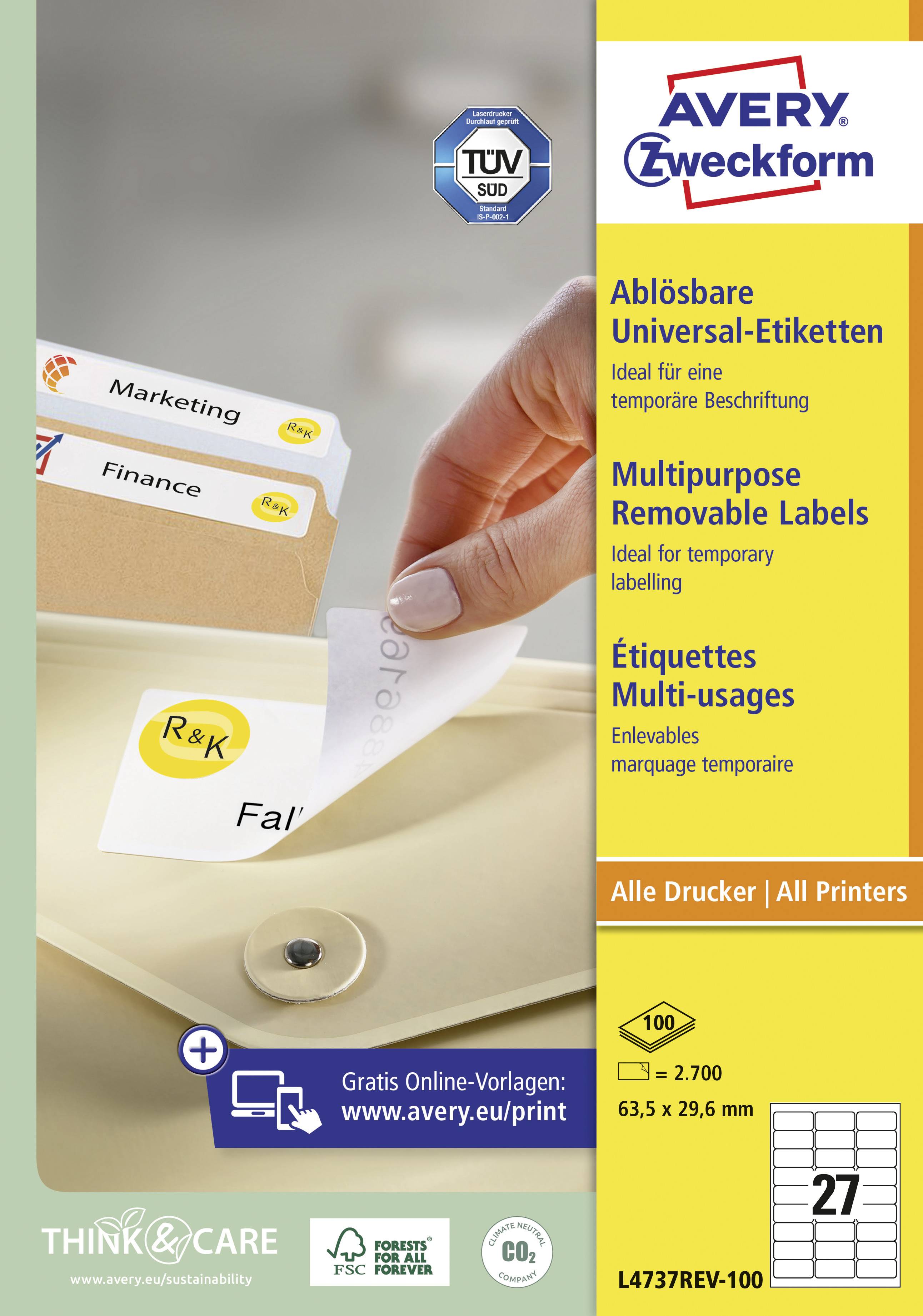 Avery-Zweckform L4737REV-100 Universal-Etiketten 63.5 x 29.6mm Papier Weiß 2700 St. Wiederablösbar Tintenstrahldrucker