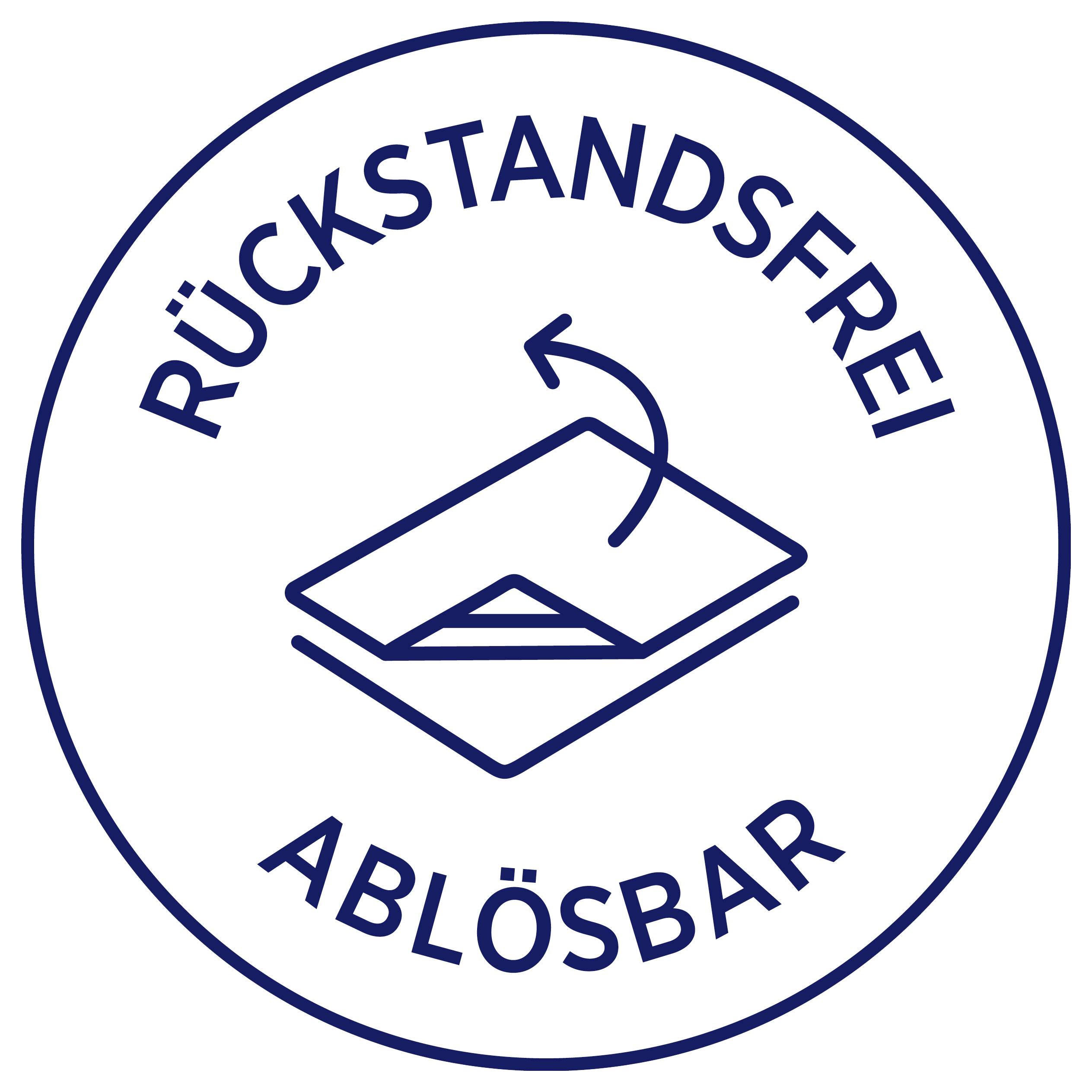 Rundes Siegel 'RÜCKSTANDSFREI ABLÖSBAR' mit Symbol für leicht abziehbare Folie/Etikett.
