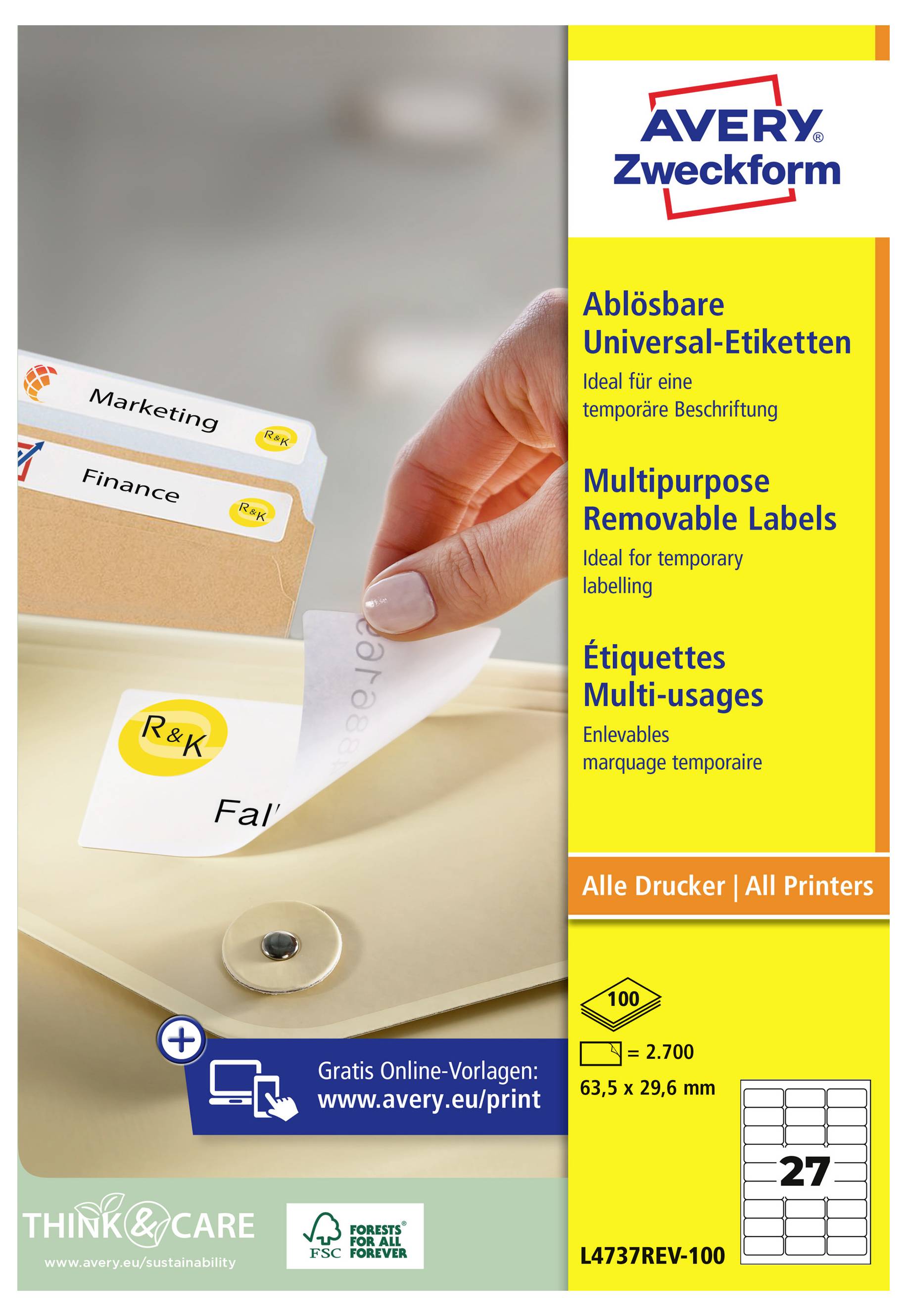 # Avery Zweckform abzulösbare Etiketten Anzeige mit einer Hand, die ein Etikett von einem Ordner abzieht, mit mehrsprachigem Text und Größenangaben für alle Drucker.