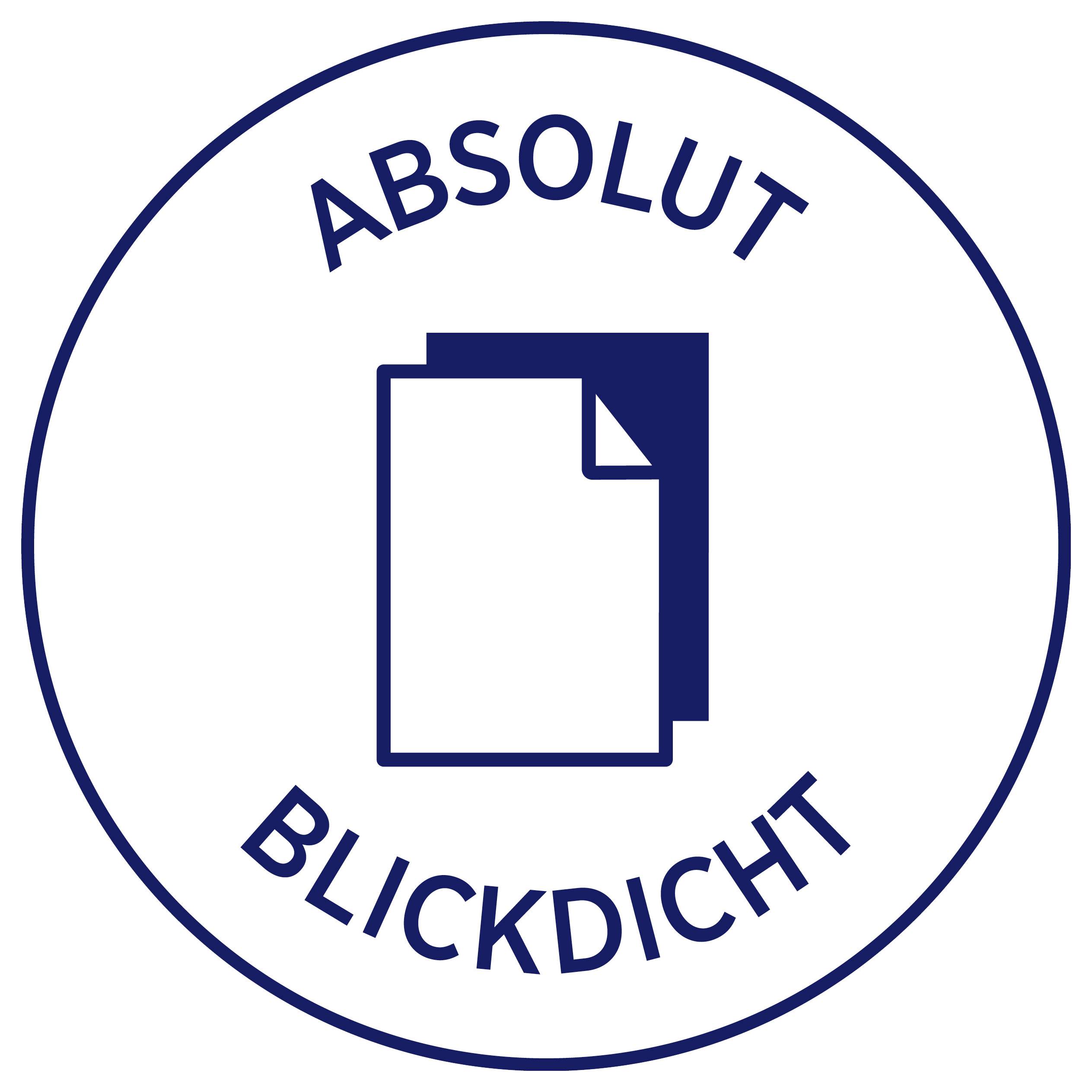 Logo mit der Aufschrift 'ABSOLUT BLICKDICHT' um ein Symbol für übereinanderliegende Blätter, blau auf weißem Hintergrund.