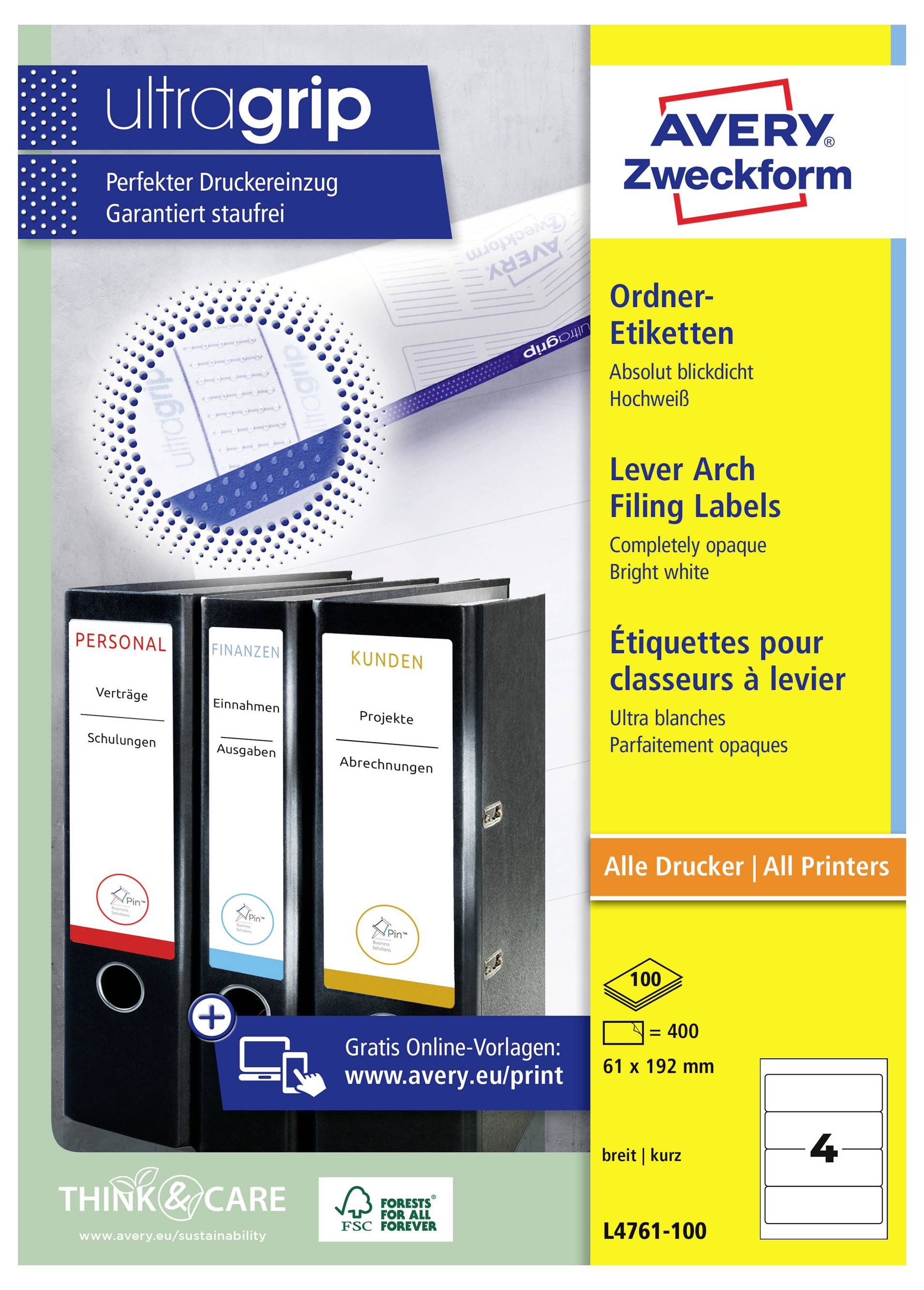 Avery Zweckform Ordner-Rückenschilder, ultra-opak weiß glänzend, für alle Drucker; Produktbild zeigt Beispielmuster von Ordnerrückenetiketten in Deutsch, Englisch und Französisch.