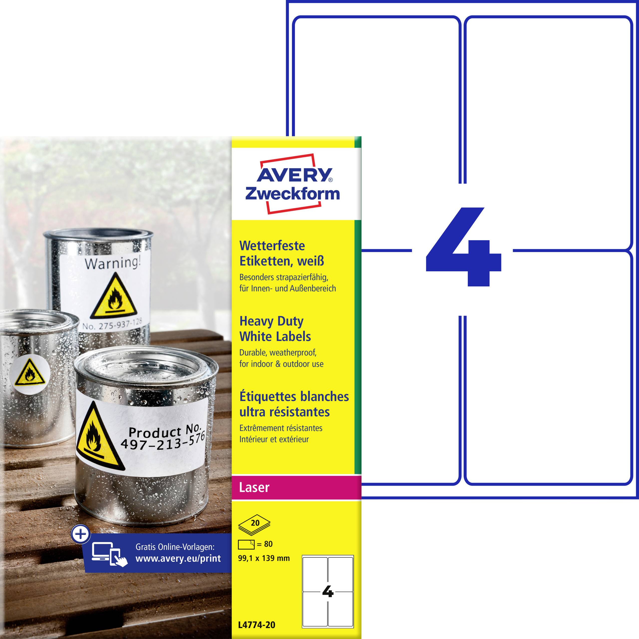 Avery Zweckform weiße Laseretiketetten, Packung für 4 Blatt, abgebildet mit Produktfoto von Warndosen und Etikettengröße 99,1 x 139 mm.