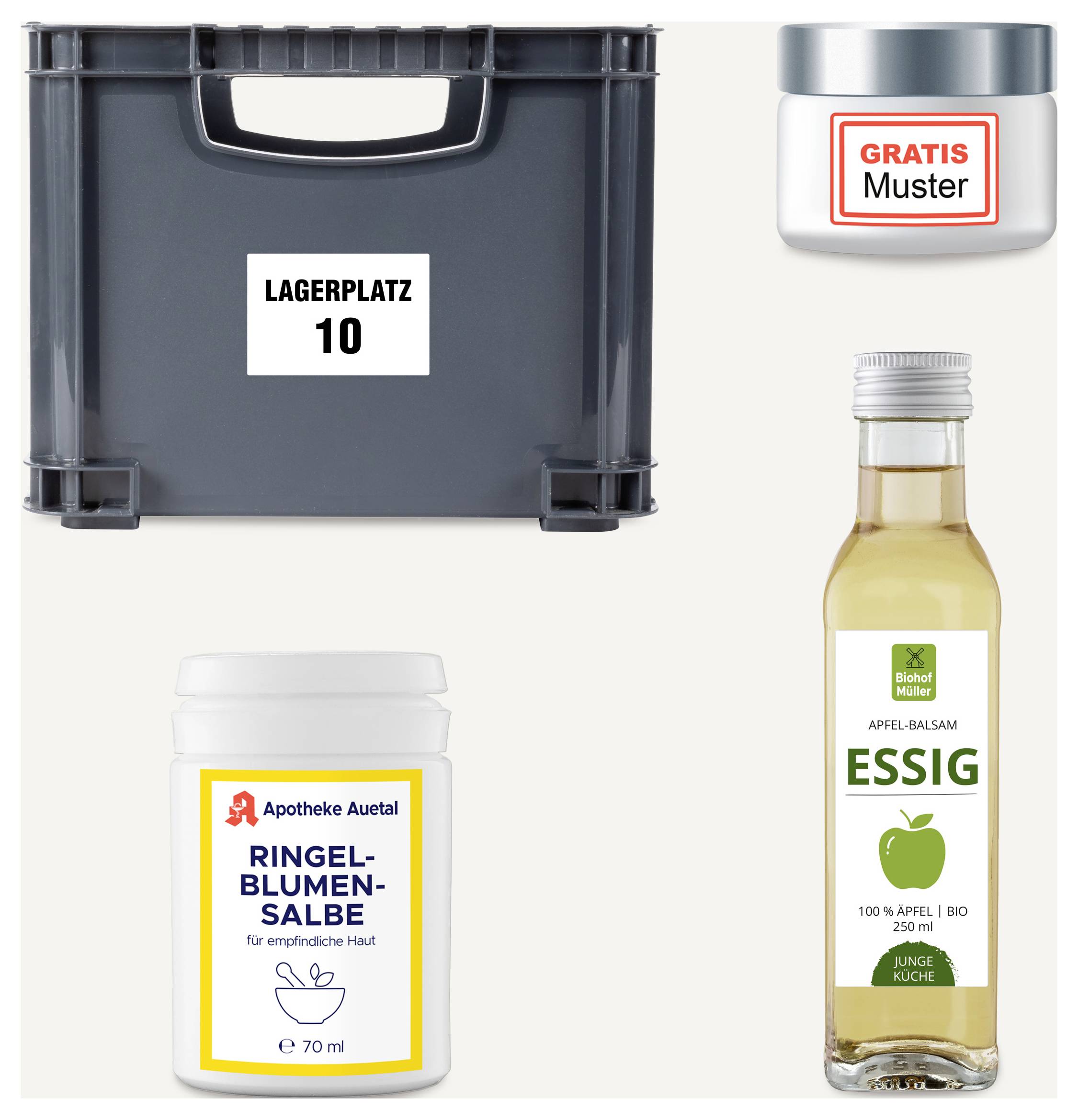 Vier Produkte auf hellem Hintergrund: Lagerkiste mit Aufkleber 'Lagerplatz 10', Dose 'Gratis Muster', Flasche 'Apfel-Balsam Essig' und Salbentiegel 'Ringelblumensalbe'.