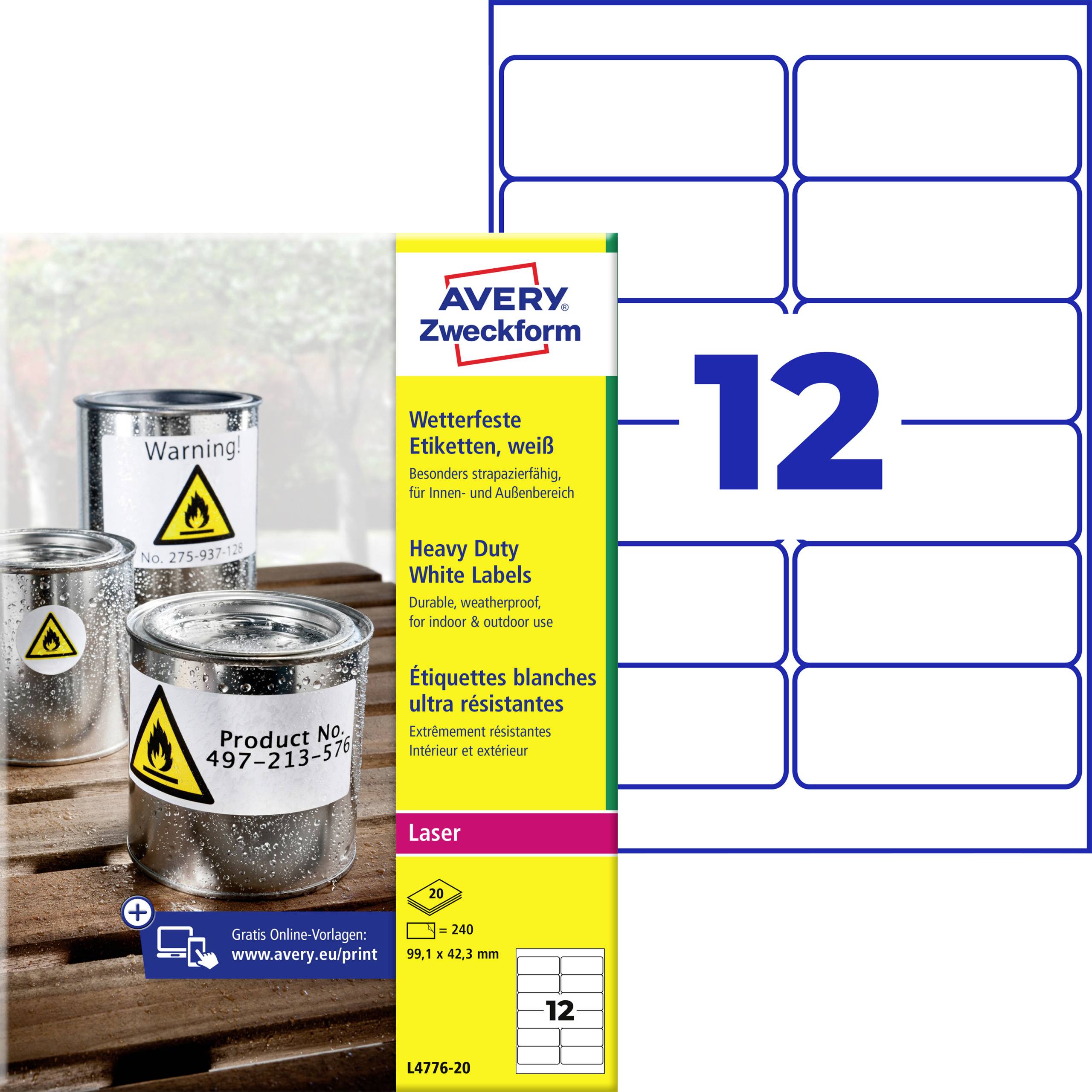 Avery Zweckform weiße Laseretikett-Blätter, Produktnummer 4776-20, mit 12 Etiketten pro Blatt; gezeigt neben Behältern mit Gefahrenwarnzeichen-Beschriftungen.