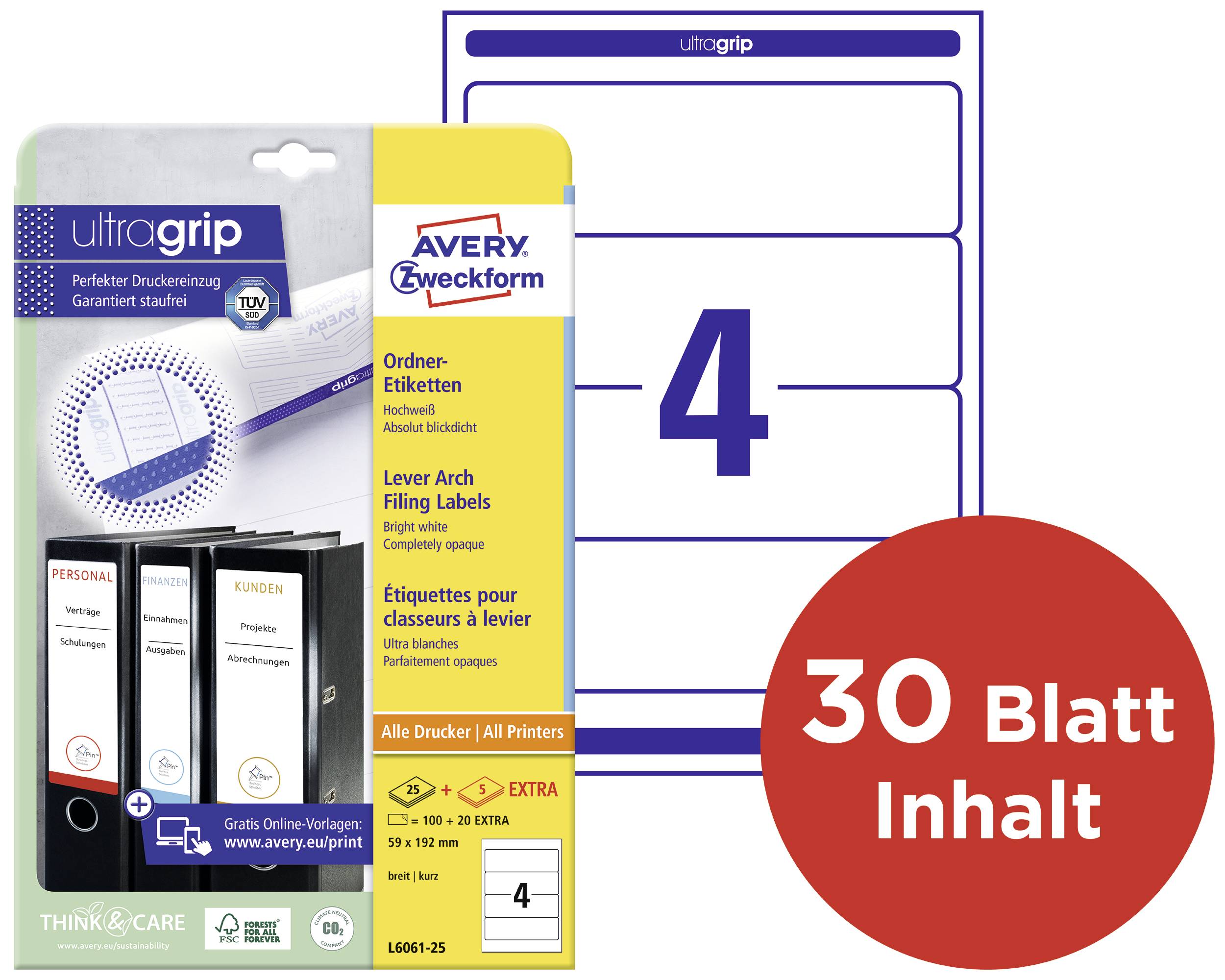 Verpackung von Avery Zweckform UltraGrip Ordner-Etiketten, 4 Etiketten pro Blatt, geeignet für alle Drucker. Enthält 30 Blatt.