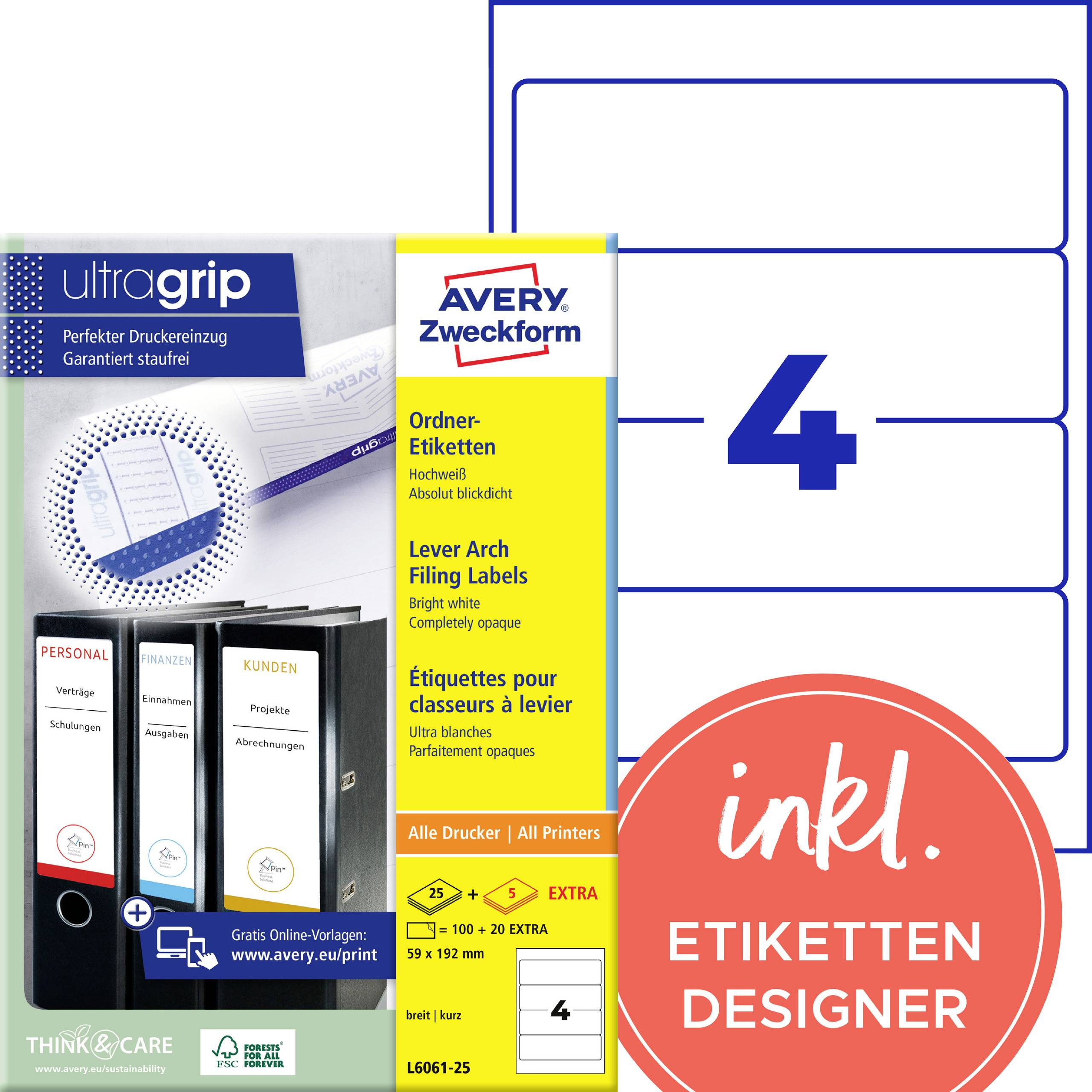 Avery Zweckform Ordnerrückenetiketten-Set für 4 Ordner, mit integriertem Online-Etikett Designer und Kompatibilität für alle Drucker.