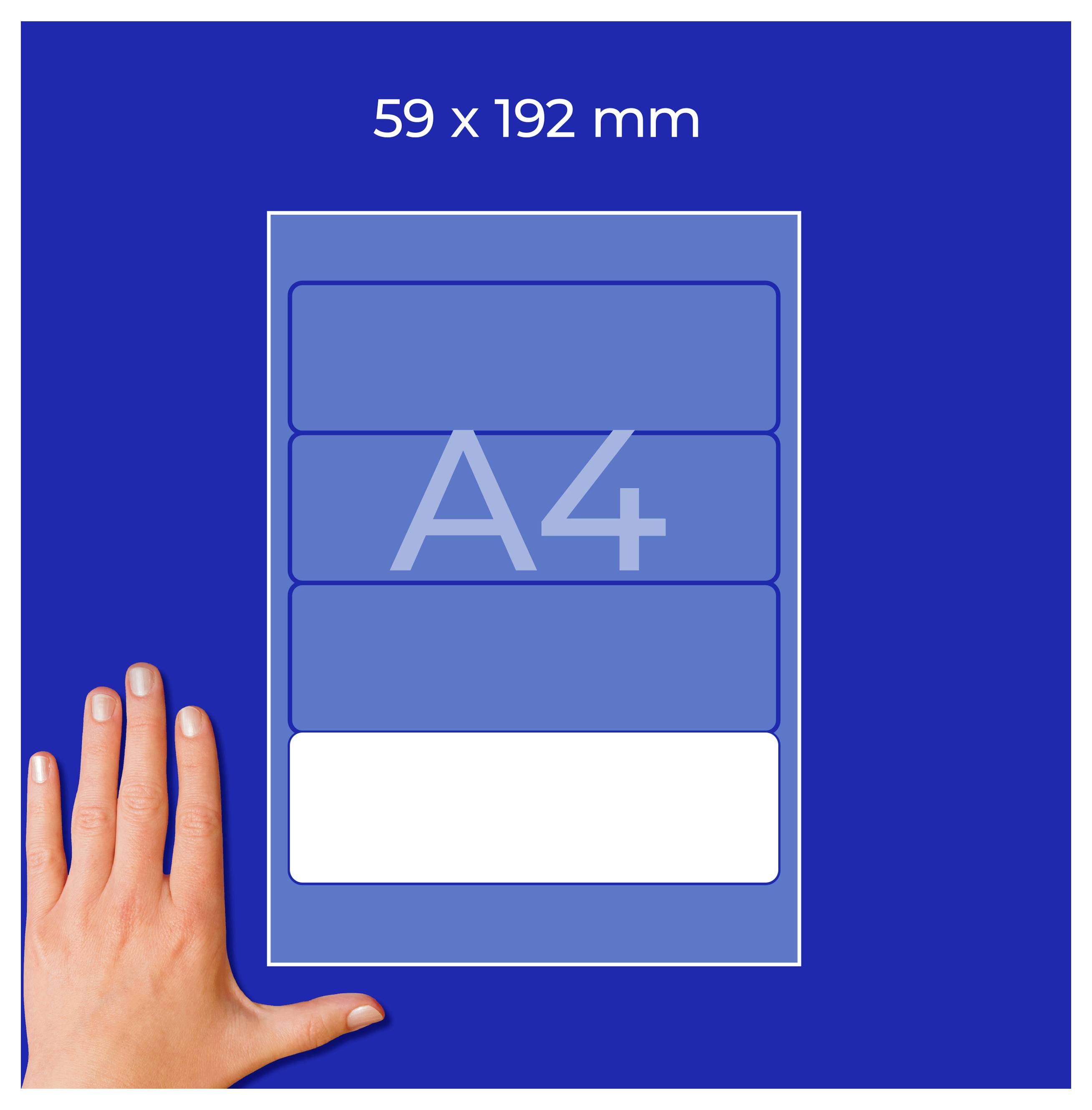 Grafik zeigt ein schmales A4-Format mit der Beschriftung '59 x 192 mm'; links eine Hand als Größenvergleich.