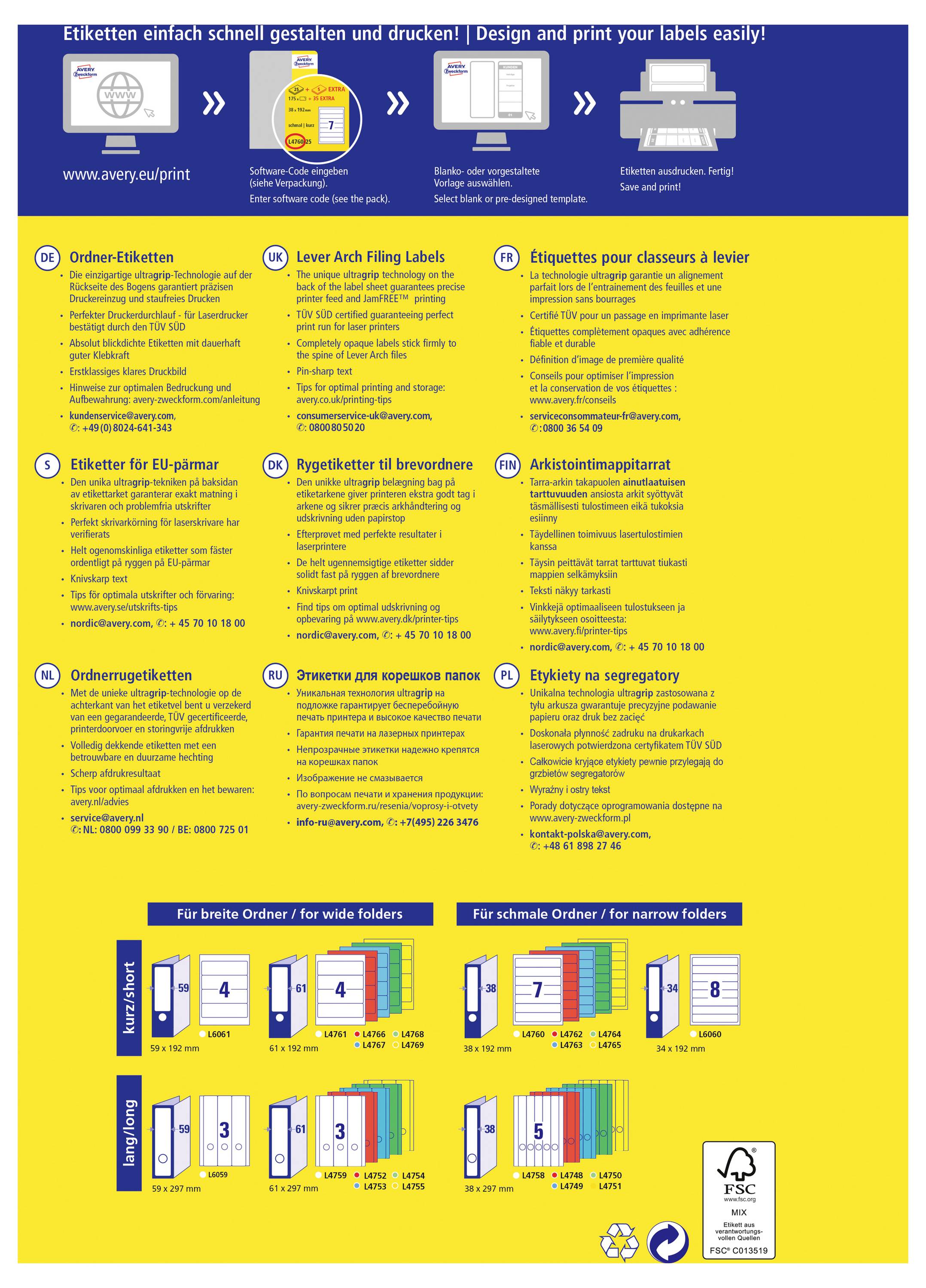 Gelbes Avery-Etikett-Anleitung Poster mit Etikettypen und Ordneretikett-Formaten, mehrsprachigen Anweisungen, Symbolen und Produktbeispielen zum Drucken von Etiketten.