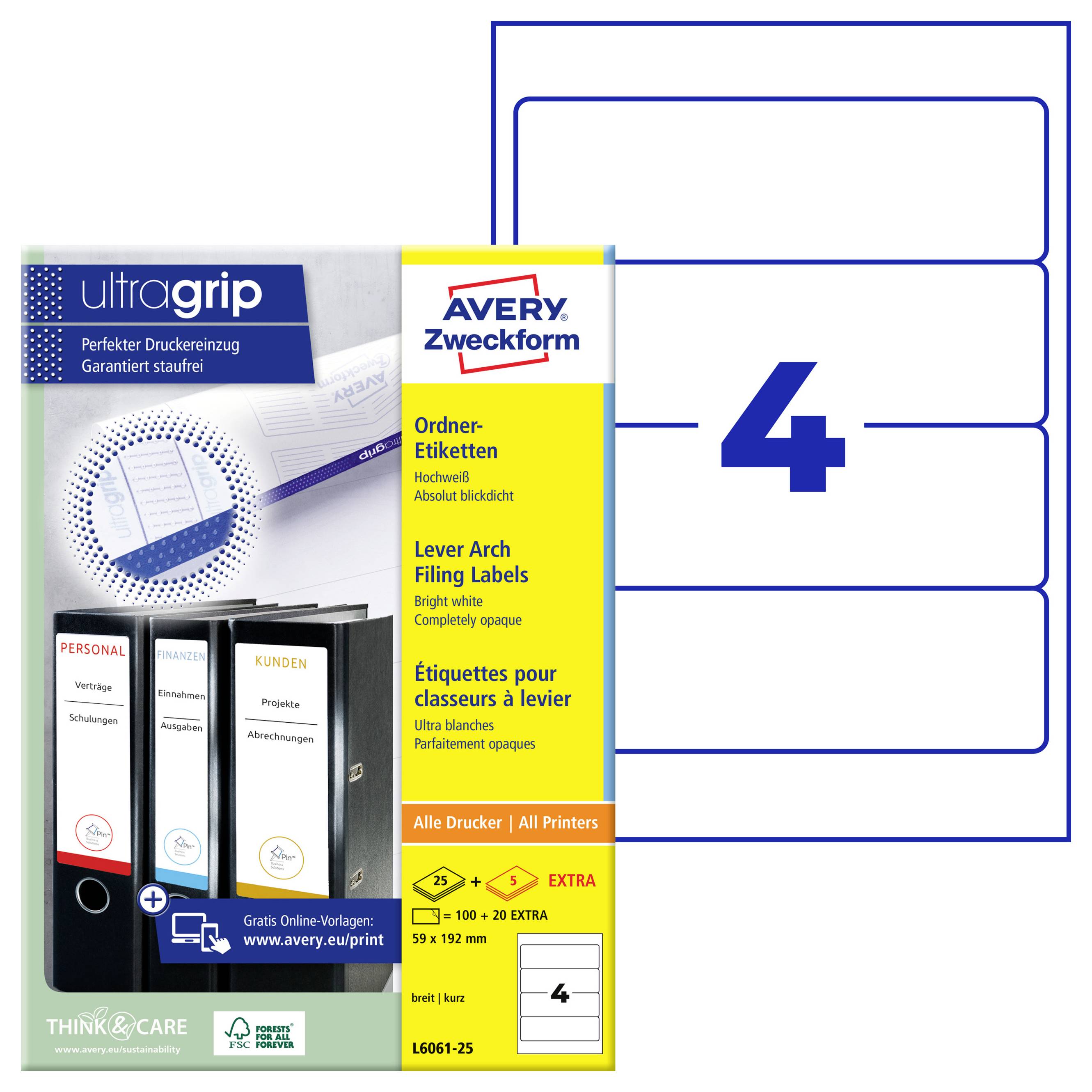 Paket mit Avery Zweckform ultragrip Ordnerrückenschildern, Größe 4, weiße Etiketten für alle Drucker, zeigt eine 25er-Packung und Vorschau des Etikett-Layouts.